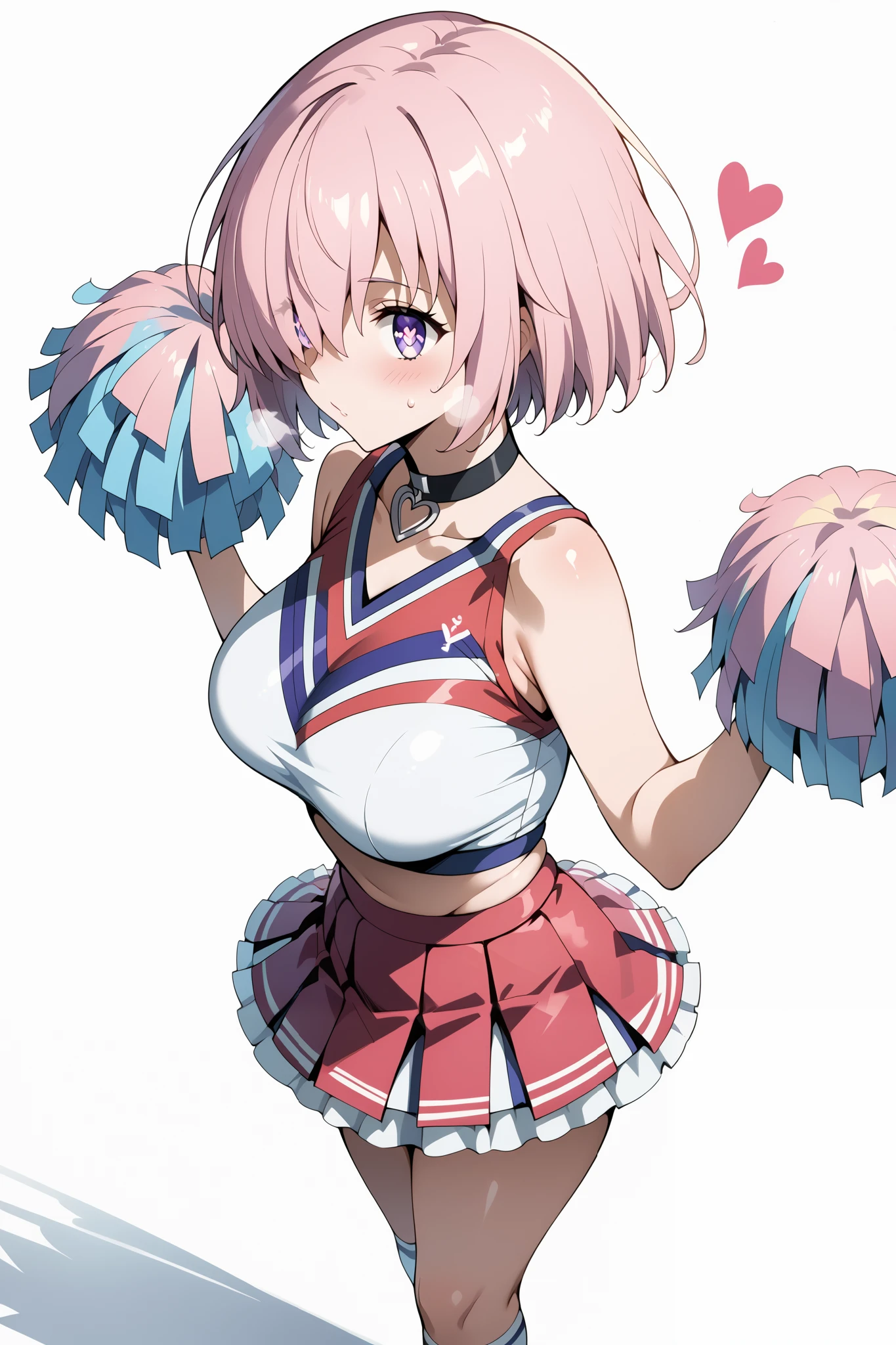 score_9, score_8_up, score_7_up, source_anime, 4K,perfect fingers,(perfect hands, perfect anatomy),prefect lighting, very aesthetic, intricate details,highly detailed background, masterpiece, high quality, best quality,
1girl, mashkyrielight, mash kyrielight, short hair, purple eyes, pink hair, hair over one eye, large breast,
wearing ((cheerleader, frilled skirt、separate, Knee-high socks、Choker of Hearts, ))
front, Angle from the side、White background, Simple Background、Character portrait, pink heart pupils, White Breath,