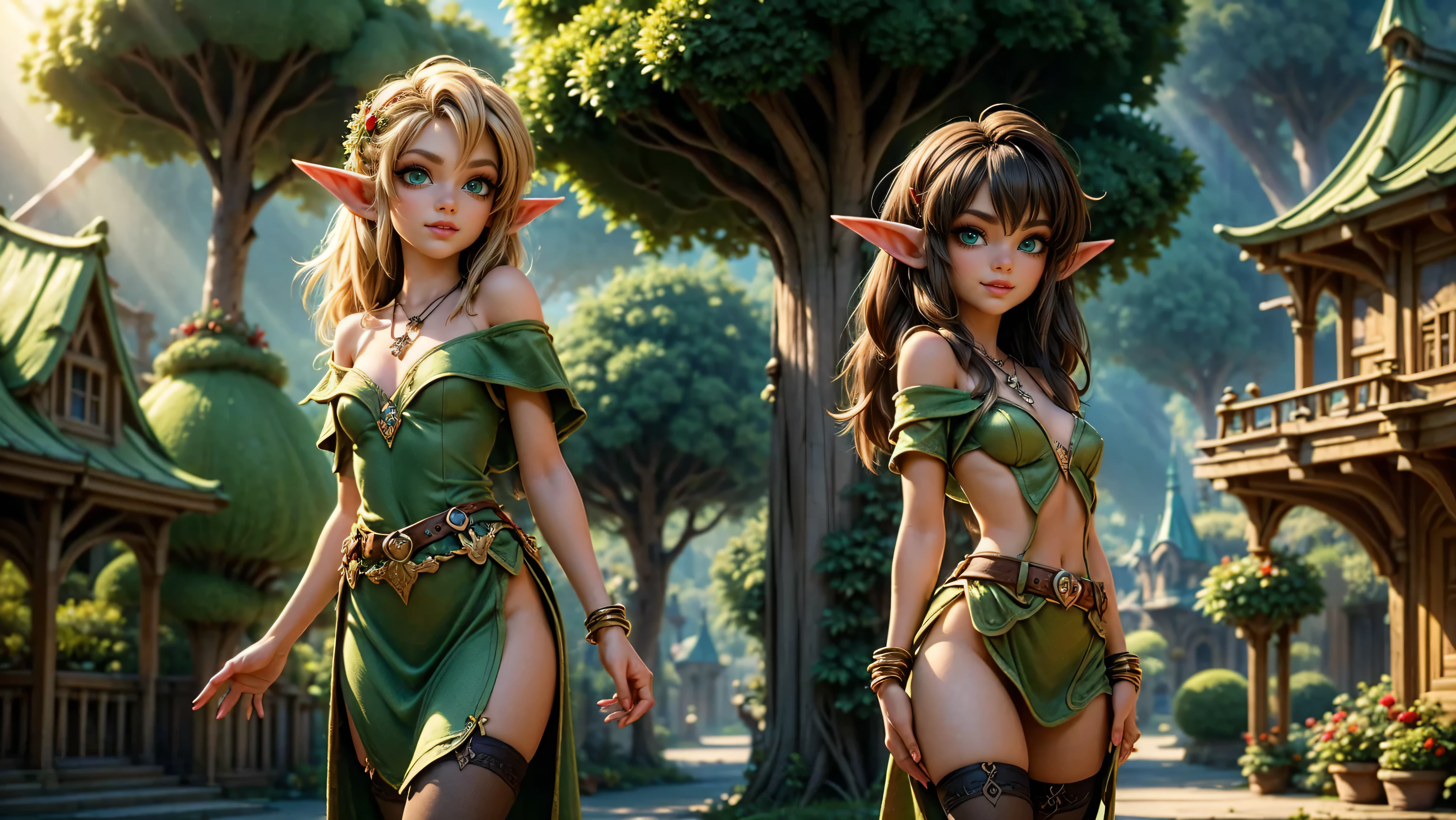 ((1girl)), ((solo)), ((young woodland warrior elf girl)), ((walking through an elf village)), ((male elves turning to look at her)), ((elf girl focus)), ((long dark hair)), ((small pointy ears)), ((round breasts)), thigh-highs, formfitting eleven clothes, tight clothes,  ((looking at viewer)), ((green eyes)), ((beautiful day)), ((smiling)), Perfect body, beautiful, young, tempting, alluring, jewelry, necklace, off shoulder, ((skinny)), ((petite)), ((small)), flirting with camera, Best Looks, ((fantasy castle in the background)), beams of sunlight, fantasy