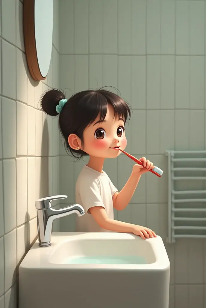 Girl brushing teeth using open tap