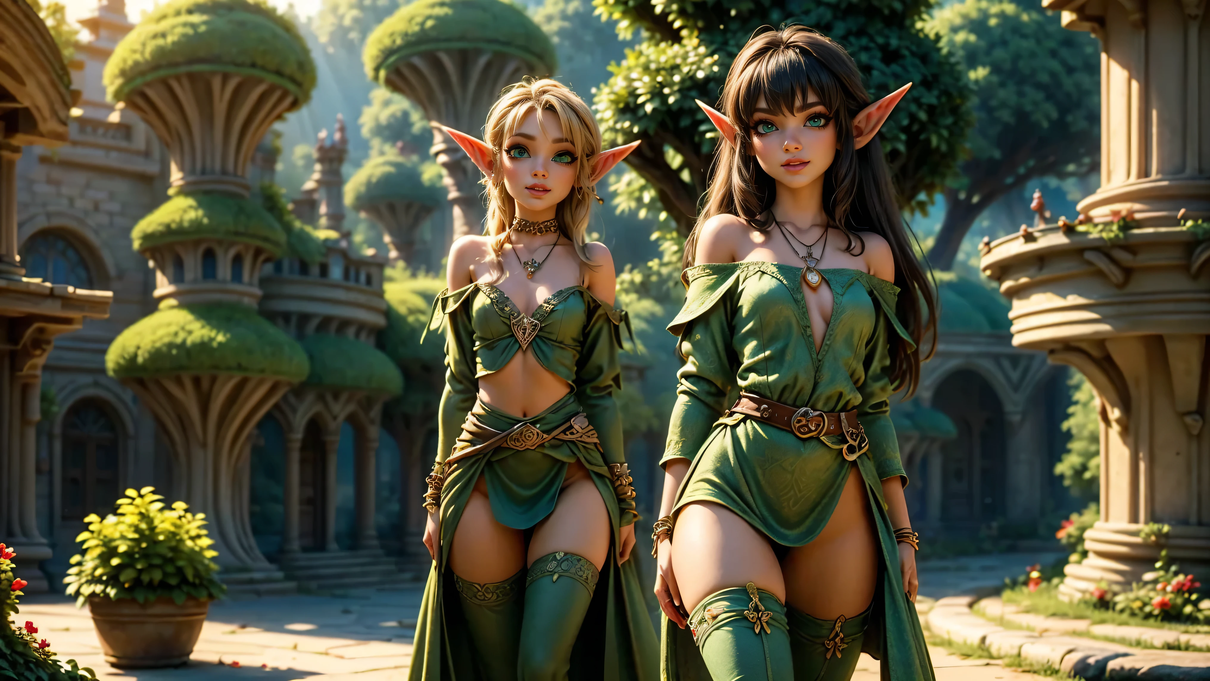((1girl)), ((solo)), ((young woodland warrior elf girl)), ((walking through an elf village)), ((male elves turning to look at her)), ((elf girl focus)), ((long dark hair)), ((small pointy ears)), ((round breasts)), thigh-highs, formfitting eleven clothes, tight clothes, ((looking at viewer)), ((green eyes)), ((beautiful day)), ((smiling)), Perfect body, beautiful, young, tempting, alluring, jewelry, necklace, off shoulder, ((skinny)), ((petite)), ((small)), flirting with camera, Best Looks, ((fantasy castle in the background)), beams of sunlight, fantasy