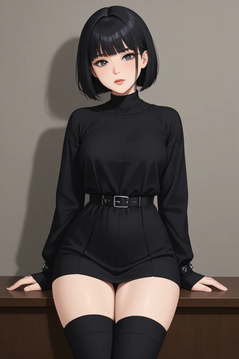 Hinata/Boruto、short hair、black hair、lilac eyes、One Woman, 独奏, (twitch emote:1), Chibi, lilac eyes eyes, , anime style, white background, a sticker, Thick black outline,、clothing lilac turtleneck blouse, high waist black long skirt、black boots, walking on the floor, Mini、Chibi Char、(Chibi Chara) (chibi)