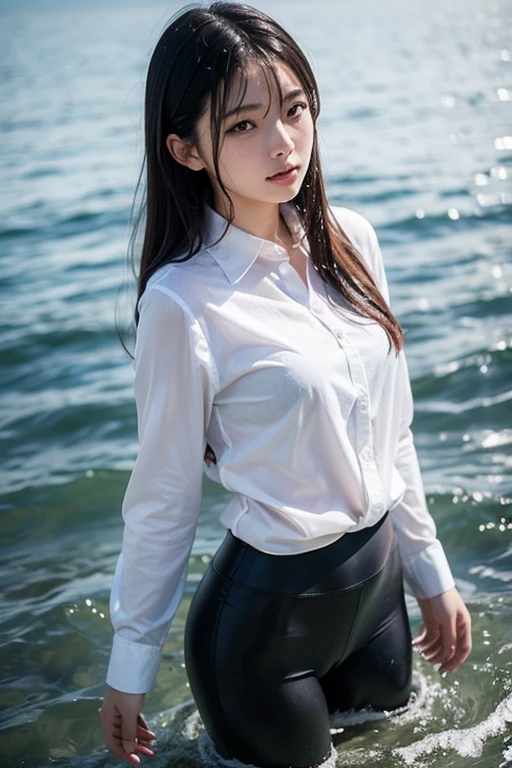NSFW,(highest quality、8k),Big breast beauty,Medium brown hair with bangs, lure,shirt,Undermile,Private beach