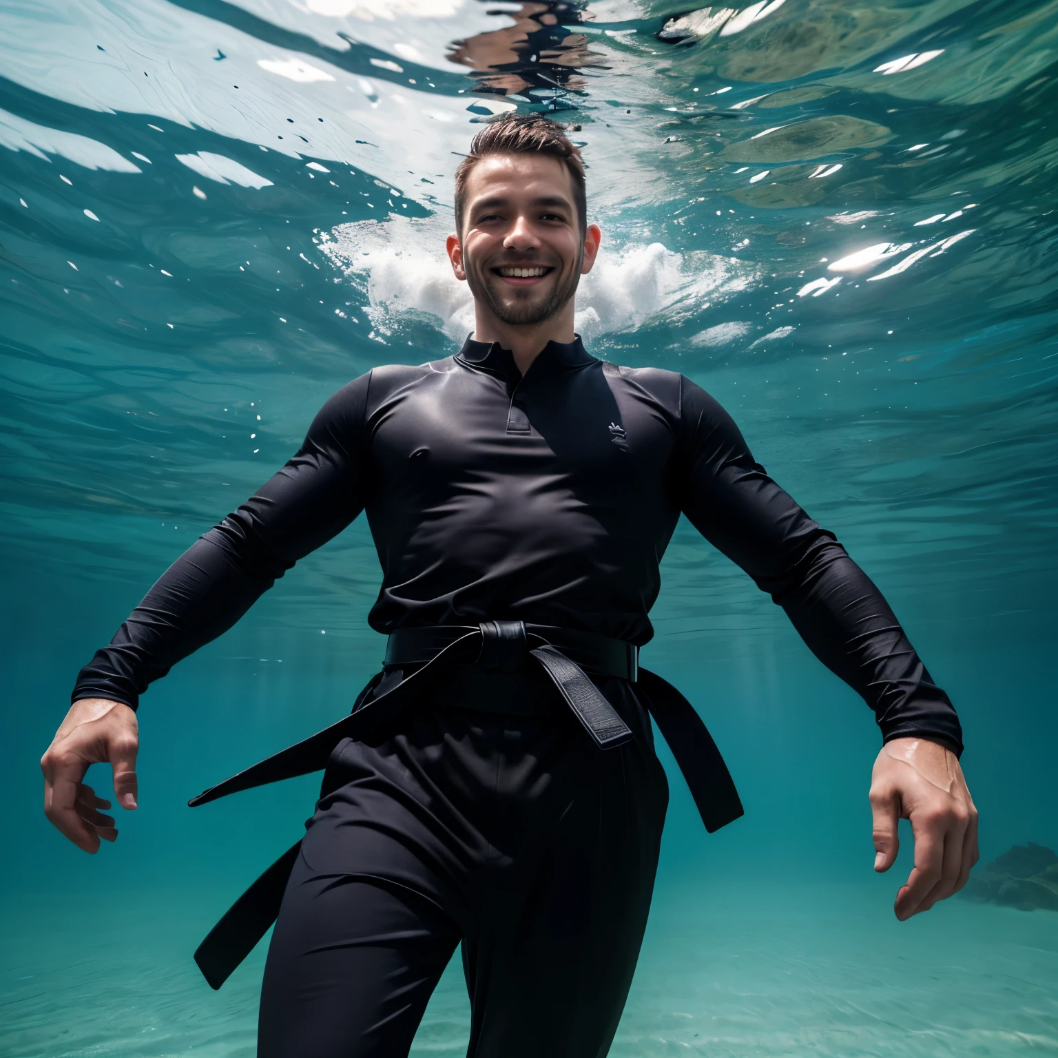 dark black hair england man, active posing in the sea, brown eyes, wearing, long distance shot, smirk, detailed