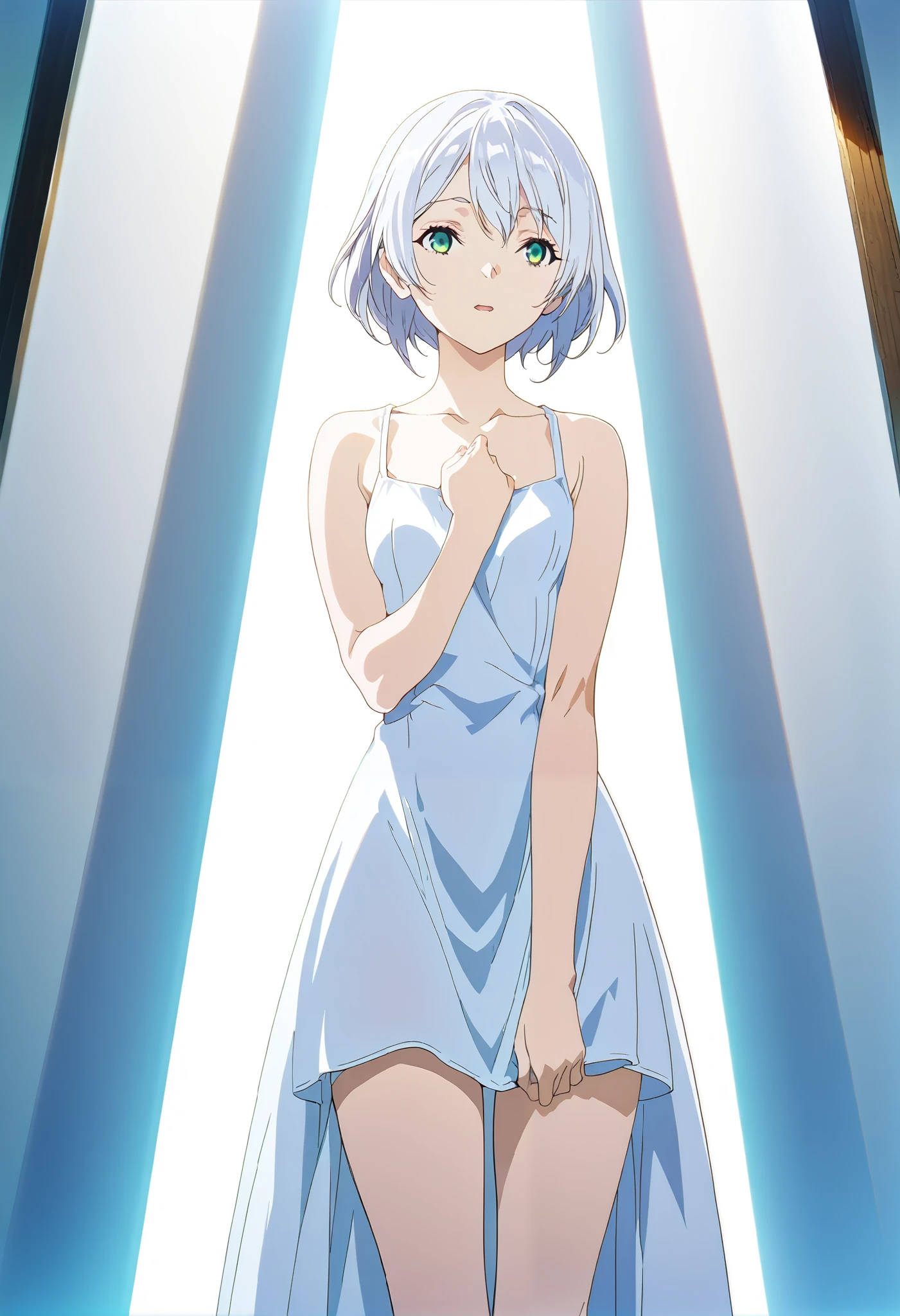 1girl, Female Elves (White dress 3.4) feet bare small WHITE HAIR A girl Standing Masterpiece, Anatomically correct, (Green Eye 5.5) From Suave Anime CG Art,