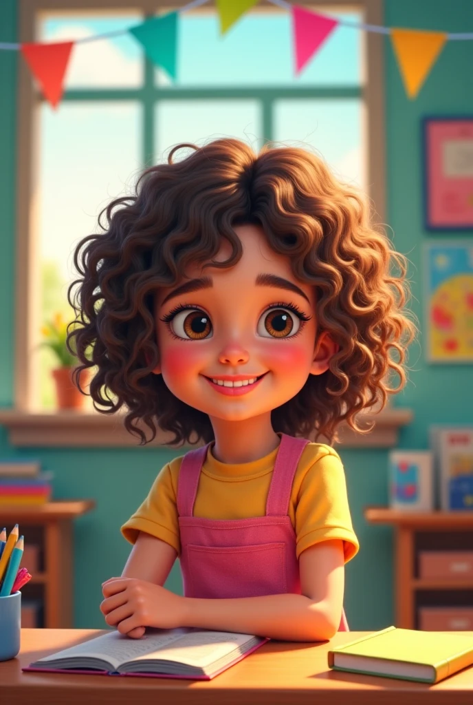 Disney Pixar cartoon of a curly-haired girl