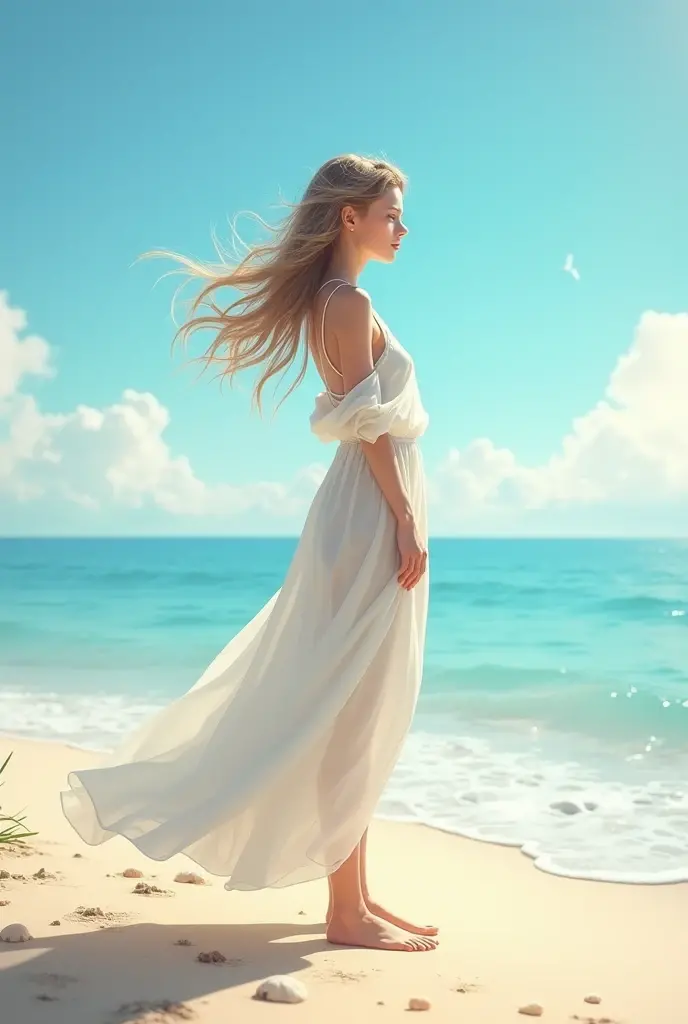 arafed woman in a white dress standing on a boat in the ocean, wearing a white flowing dress, flowing dress, flowing white dress, wearing a flowing dress, flowing gown, ethereal beauty, wind blowing and hair flowing, karol bak uhd, photo of a beautiful woman, a beautiful woman in white, wearing a flowing sundress, flowing white robes