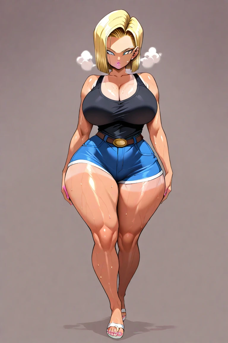 huge breasts, big hips, Tank top, denim shorts, full body shot, mature mother, Whip whip lower body, plump thighs, plump calves, bewitching mature woman, Perfect body, plus size model,