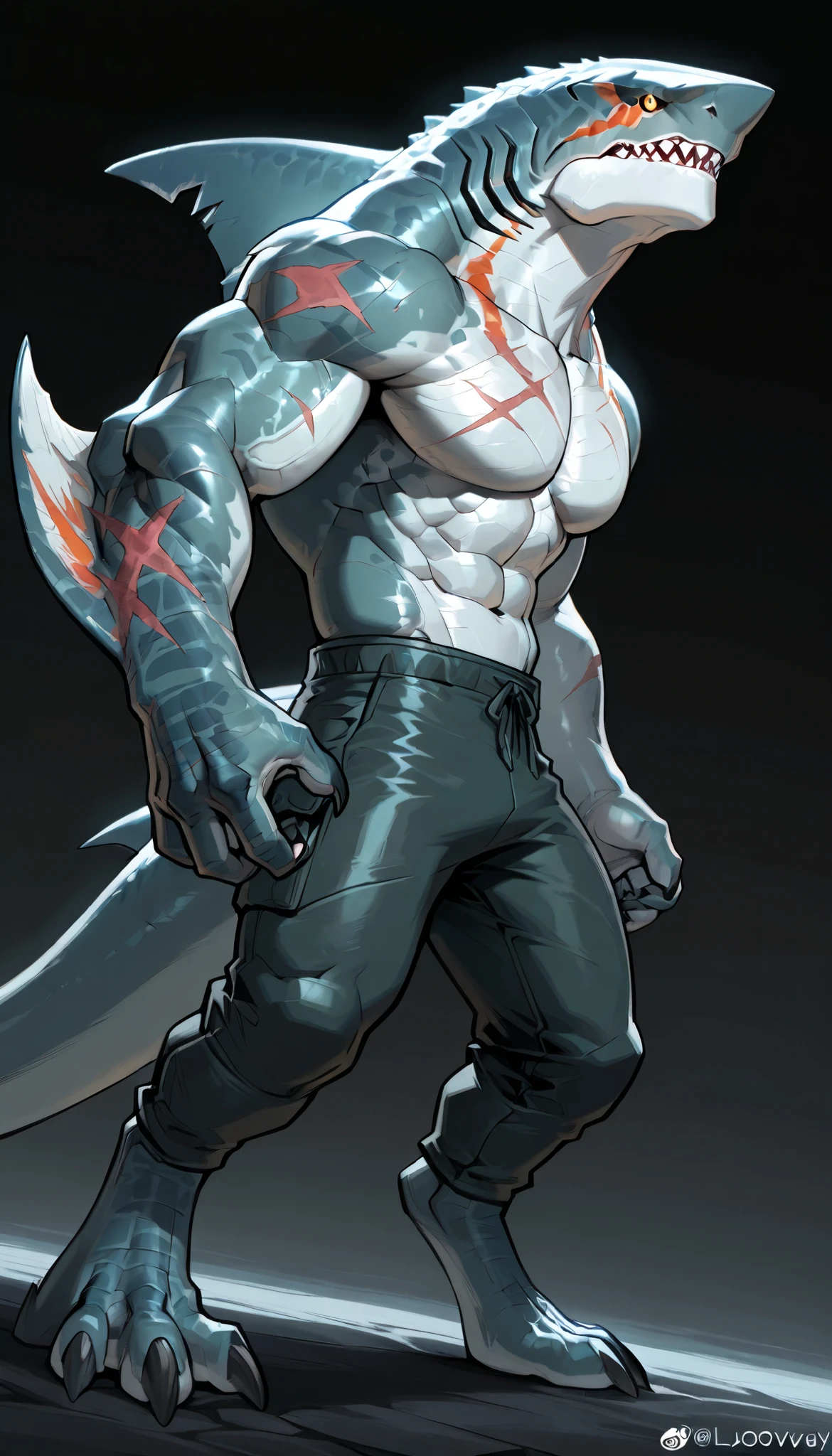 sharkman, anthro megalodon, darker hands and fins, solo, big arms, bara, detailed skin, lizard shark hybrid, anthro, closed mouth, polynesian tattoos, tattoos covering arm and shoulder, detailed scalie skin, scalie arms, fins on arms, gray color body, beefy, thick scales on arms, digitigrade legs, bulky body, light musclegut, proporcional body, mercenary pants, wide chest, old scars, marked jaw, thick shark tail, The design incorporates elements from various shark species, such as the dorsal fin, and muscular build, best quality, ultra-detailed, by laobai, by honovy, detailed illustration of 4K horror, standing ready to fight, dark background, side view, dynamic pose, dynamic angle, portrait