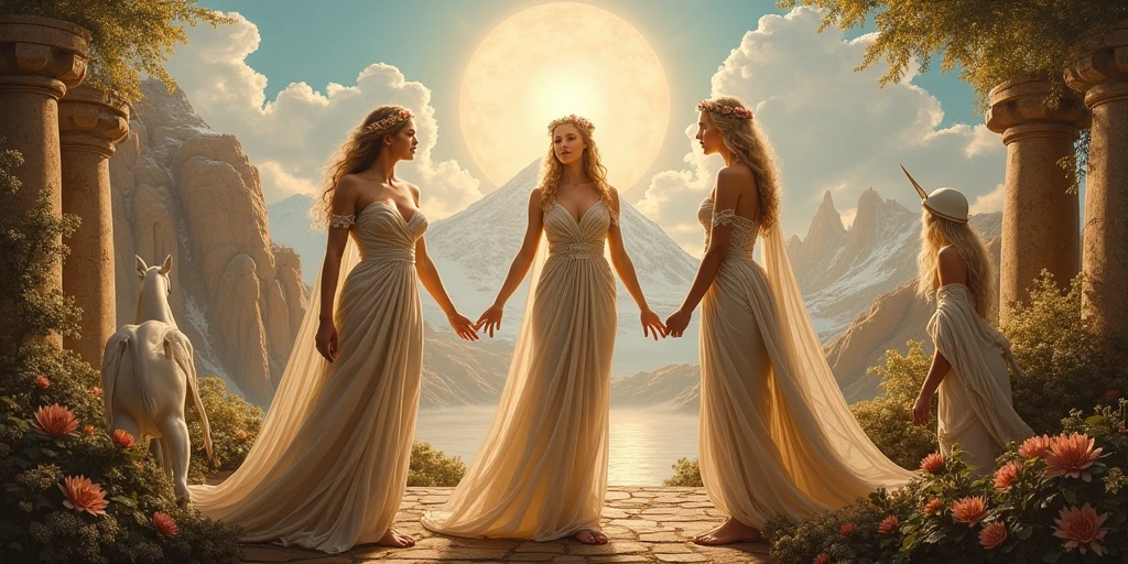 Seven very beautiful goddesses, Goddess of the Sun, Moon Goddess, Goddess of Fire, Water Goddess, Goddess of the Tree, Gold Goddess,  earth goddess whole body