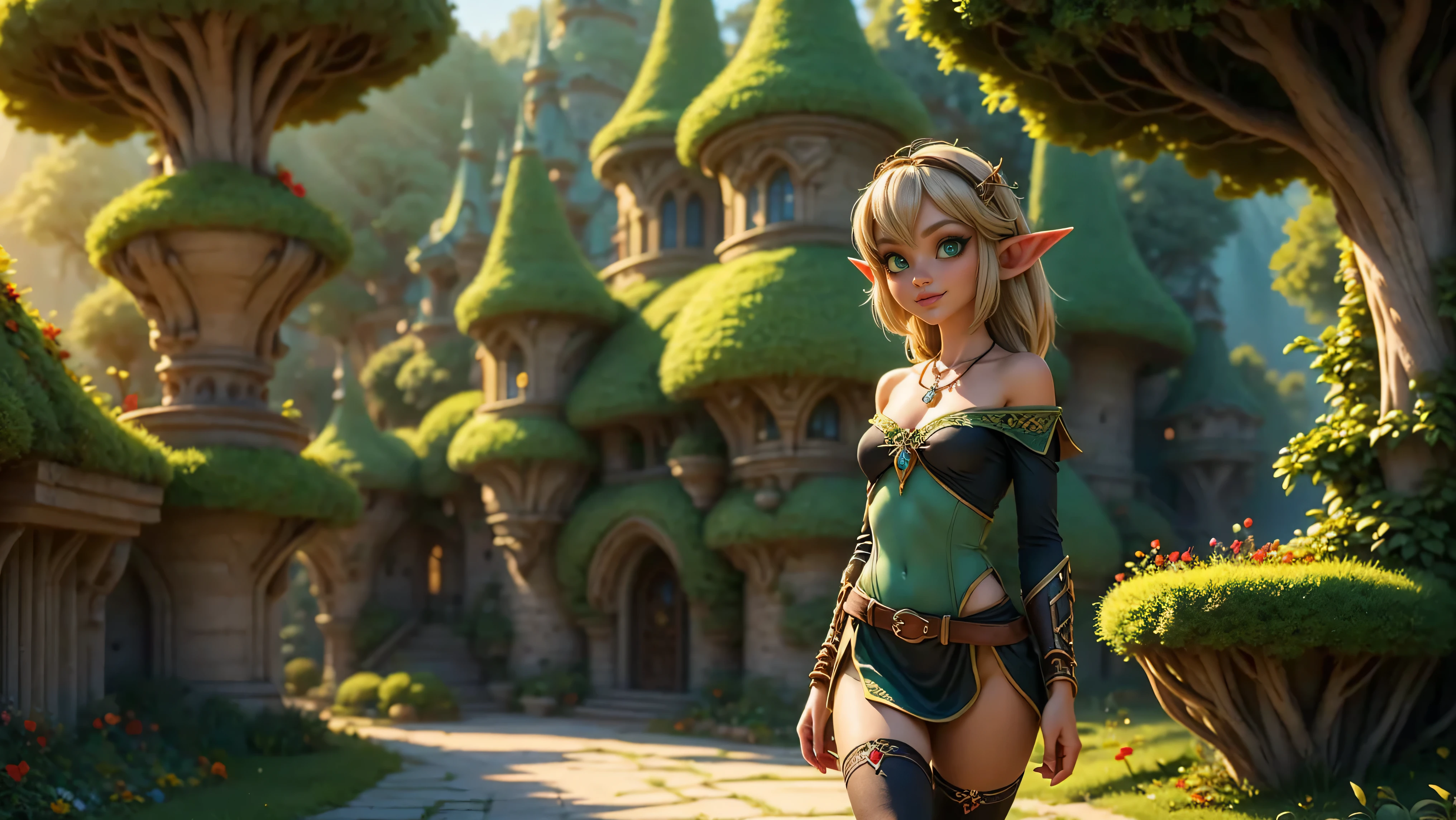 ((1girl)), ((solo)), ((young woodland warrior elf girl)), ((walking through an elf village)), ((male elves turning to look at her)), ((elf girl focus)), ((long dark hair)), ((small pointy ears)), ((round breasts)), thigh-highs, formfitting eleven clothes, tight clothes, ((looking at viewer)), ((green eyes)), ((beautiful day)), ((smiling)), Perfect body, beautiful, young, tempting, alluring, jewelry, necklace, off shoulder, ((skinny)), ((petite)), ((small)), flirting with camera, Best Looks, ((fantasy castle in the background)), beams of sunlight, fantasy
