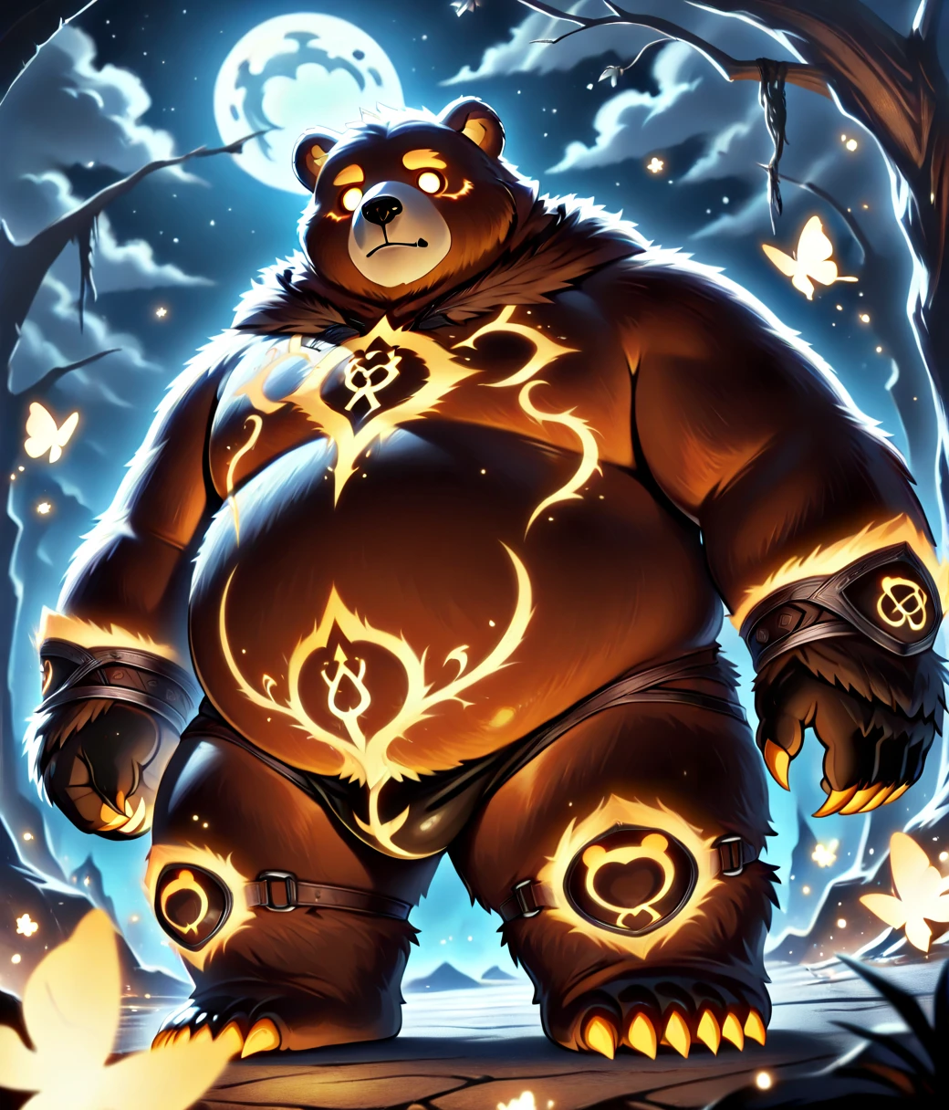 (masterpiece, best quality:1.1),the BEAR,((Wild bear wearing a bikini and straw hat and sunglasses)),Stunned,cobblestone basement,Glowing magic-circle drawn on the floor, smoke,