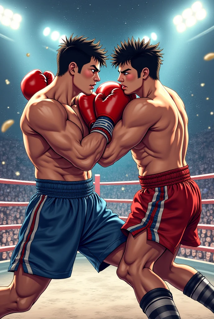 boxing_gloves, blood, muscular, multiple_boys, wrestling_ring, cat, abs, battle, punching, underwear, no_humans