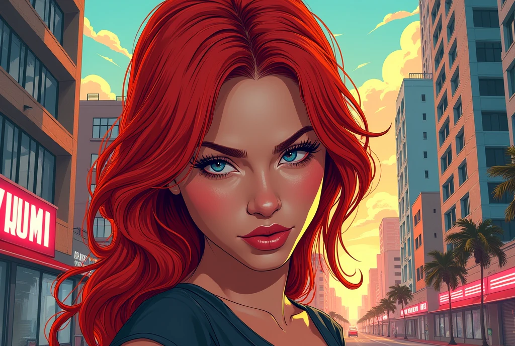 (Spiderman comic style:1.2), a woman with red straight hair, light green brown eyes, black off shoulder top