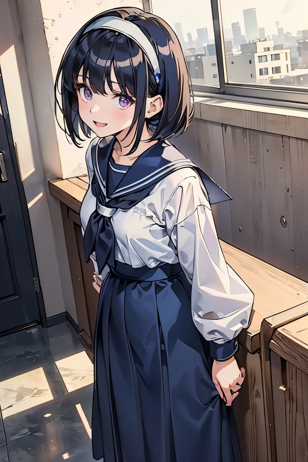 A body 8 times the length of a head, (highly detailed CG Unity 8K), (best quality),(very well detailed),(super high resolution), black hair, female high school student wearing a navy blue sailor suit, animated 2d rendering, Realistic Young Anime High School Girl , (white headband:1.4), smile, purple eyes, small breasts, is tall, Slanted Eyes , (School view), black stockings, bright color, Please open your mouth a little, (dark blue long skirt:1.4), bob cut,