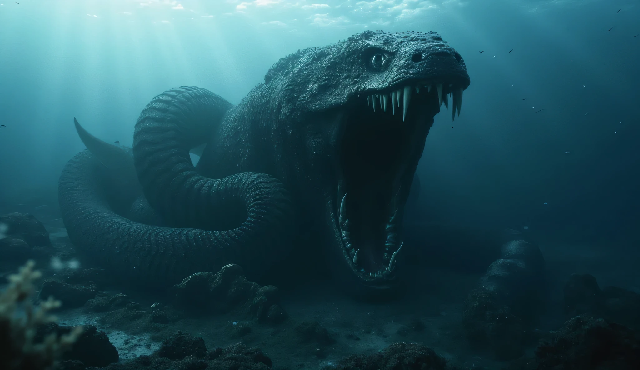 A behemoth of the deep, with the head of a colossal snake, its mouth a black abyss capable of devouring ships and islands. Its serpentine body, over 3000 feet long, moves silently beneath the ocean, pulling everything into the deep with its inescapable coils.