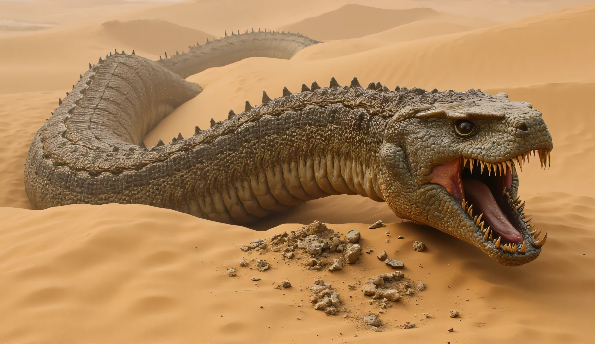 A colossal desert worm-serpent hybrid, with a snake-like head lined with sharp, stone-crushing teeth. Its body, as large as mountains, slithers through dunes, creating tunnels that could swallow entire cities, leaving nothing but destruction in its path