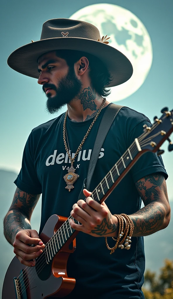 Rapper man who raps on the guitar, fatter, bearded, with his right arm all tattooed, no face tattoos, red cap, green camouflage pants, brown boot-like sneakers, Golden chain, Gold chain, white wristwatch with a serious face, in a graffiti street scene in the shape of a drawing