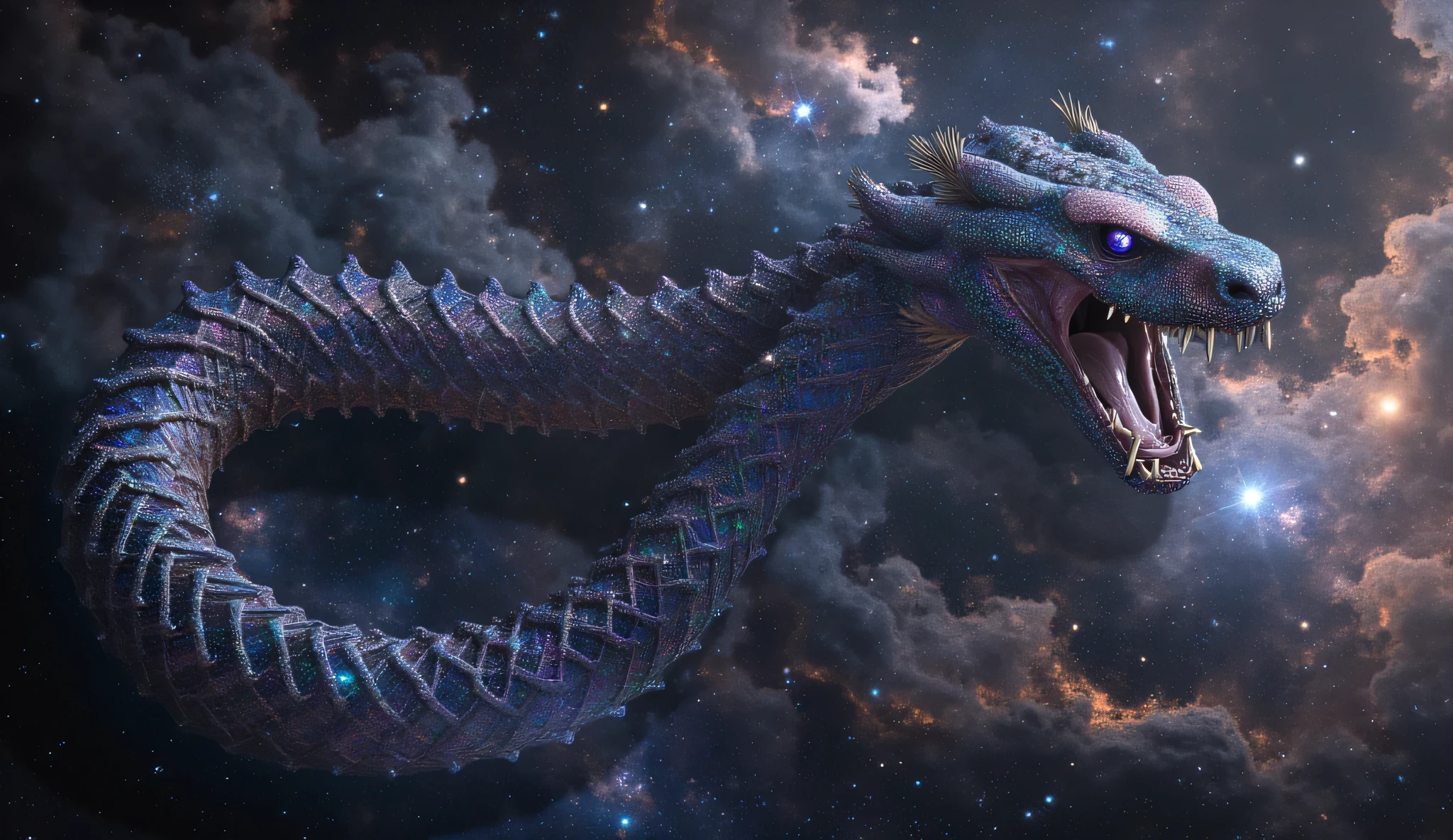 A cosmic leviathan-serpent, with a starry serpent’s head adorned with shimmering, galaxy-like scales. Its body, stretching 10,000 feet through space, swallows planets whole, drifting silently across galaxies and leaving behind trails of cosmic energy.
