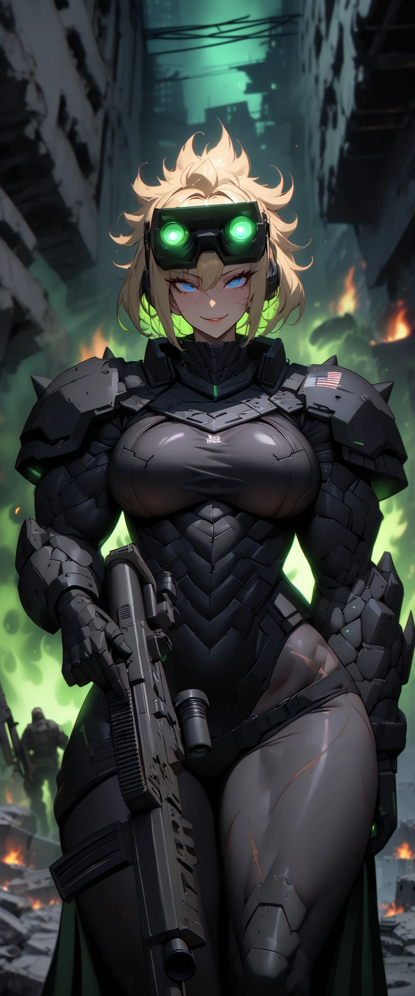 female focus, bevor, very tall woman, blue eyes, blonde, short hair, spiky hair, black uniform, ((black armor)), black cape, black trim, camouflage, muscular, urban ruins, wide smile, broad shoulders, night, looking at viewer, futuristic, head-mounted displays, night combat, holding rifle, assault rifle, huge weapon, camouflage, close up, green night-vision, mercenary, fire, thin scars, adult, sexy, slim waist, seductive, pauldrons, bevor, POV, bulky body, shooting, indoors:1.5, red, tall