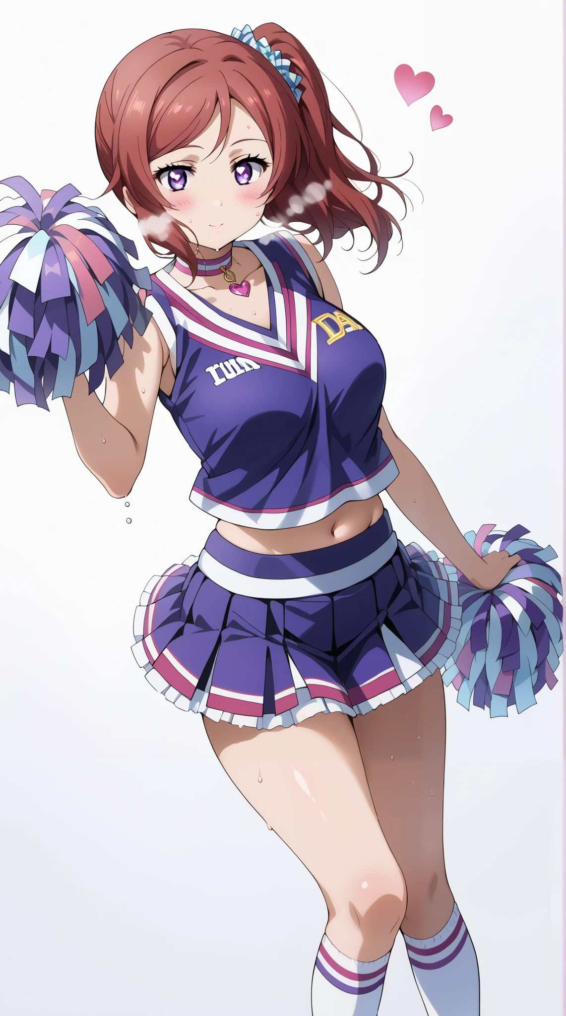 score_9, score_8_up, score_7_up, source_anime, 4K,perfect fingers,(perfect hands, perfect anatomy),prefect lighting, very aesthetic, intricate details,highly detailed background, masterpiece, high quality, best quality,
1girls,makinishikino, maki nishikino, short hair, purple eyes, red hair,((large breast)),
wearing ((cheerleader, frilled skirt、separate, Knee-high socks、Choker of Hearts, )) ,,
front, Angle from the side、White background, Simple Background、Character portrait, pink heart pupils, White Breath, Sweat,