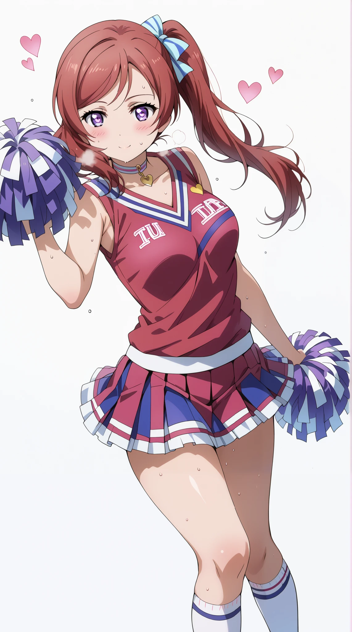 score_9, score_8_up, score_7_up, source_anime, 4K,perfect fingers,(perfect hands, perfect anatomy),prefect lighting, very aesthetic, intricate details,highly detailed background, masterpiece, high quality, best quality,
1girls,makinishikino, maki nishikino, short hair, purple eyes, red hair,((large breast)),
wearing ((cheerleader, frilled skirt、separate, Knee-high socks、Choker of Hearts, )) ,,
front, Angle from the side、White background, Simple Background、Character portrait, pink heart pupils, White Breath, Sweat,