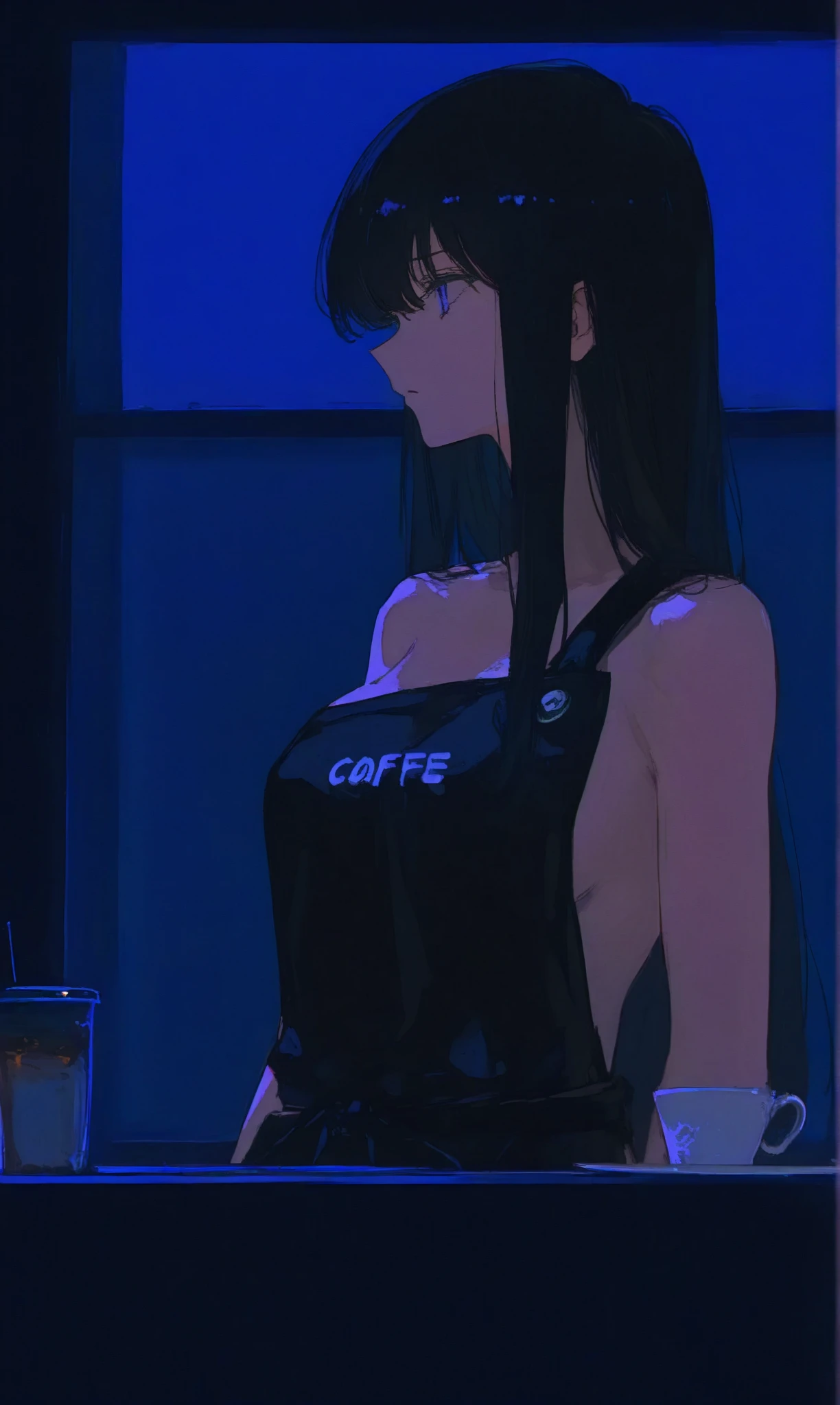 (realistic, very high resolution: 1.3), 1 girl with perfect figure, super thin face and eyes, shy, black hair, long hair, big breasts, Tank top: 1.2 in random colors, black top, ripped jeans, standing , in a coffee machine, tables and chairs in the background, perfect background scenery