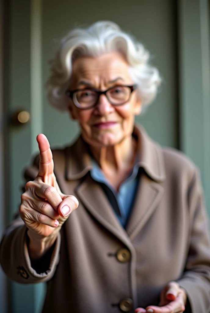 elderly woman with a sad face in simple clothes making a sign with her hand to stop