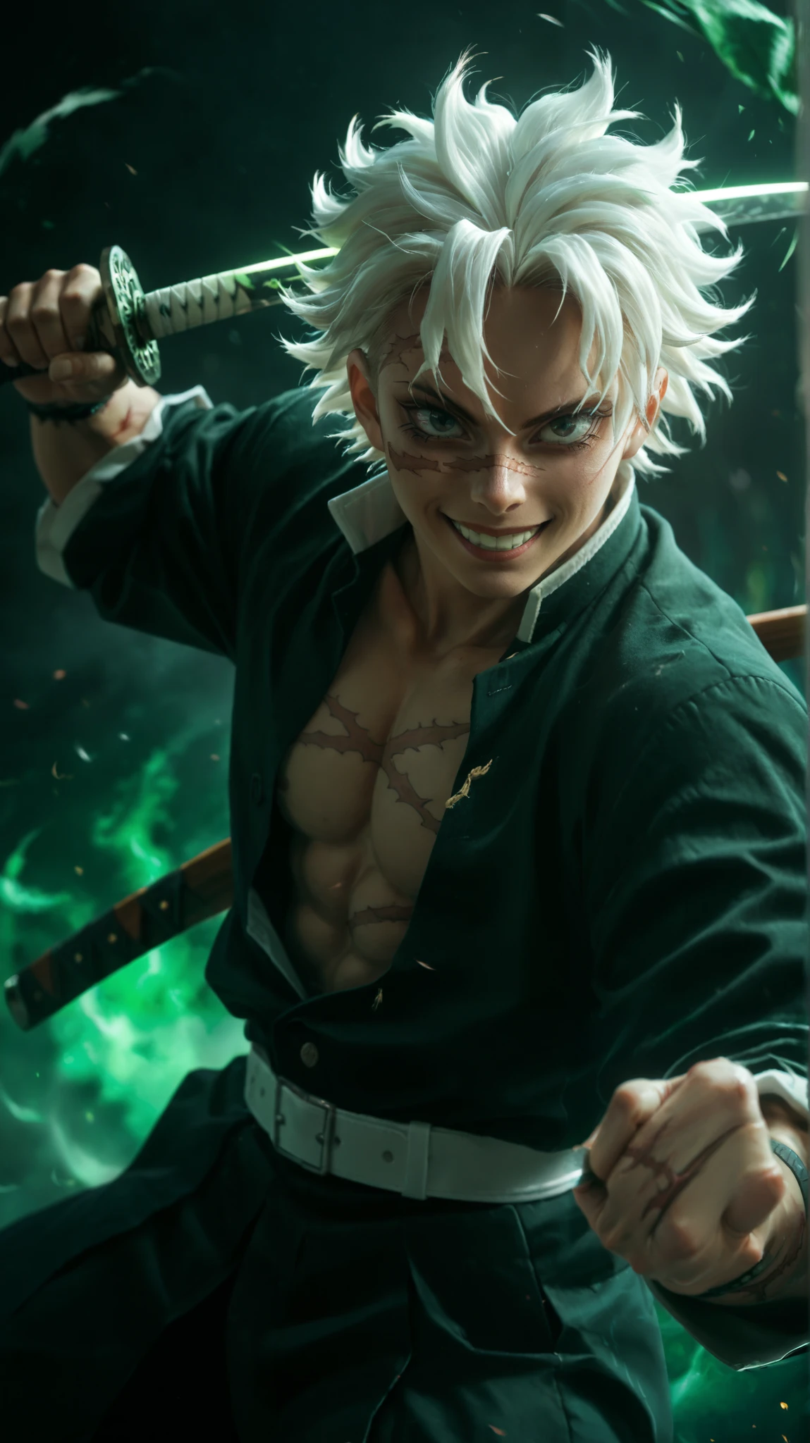 score_9, score_8_up, score_7_up, source_anime, rating_safe, green_Sanemi_stylized slash, holding sword, SanemiDS, white_Sanemi_hair, brown_Sanemi_scar on face, brown_Sanemi_scar on forehead, brown_Sanemi_scar on chest, brown_Sanemi_scar on arm, 1boy, male focus, , fighting stance, green theme, grin,