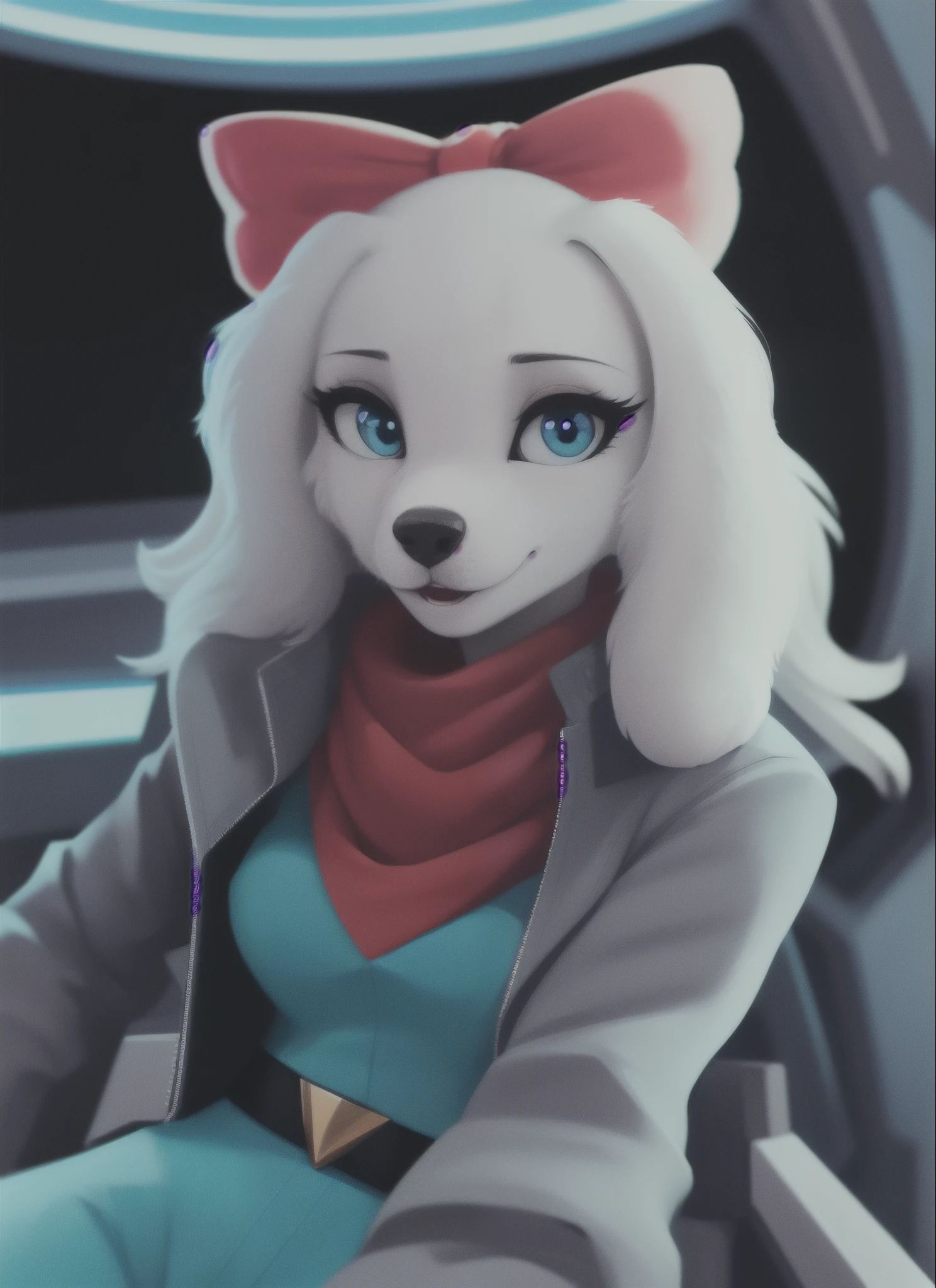 fayspaniel, furry female anthro, portrait, close-up, red bow, aqua jumpsuit, cropped jacket, grey jacket, red scarf, belt, solo, (body fur:1.2), (best quality), (detailed space jet background:1.2), dramatic lighting, (detailed fluffy fur:1.1), looking at viewer, medium breasts, white ears,