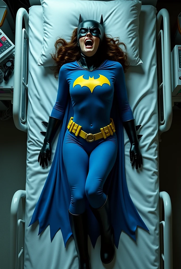 Women , wear batgirl mask, naked, pregnant, background labour room