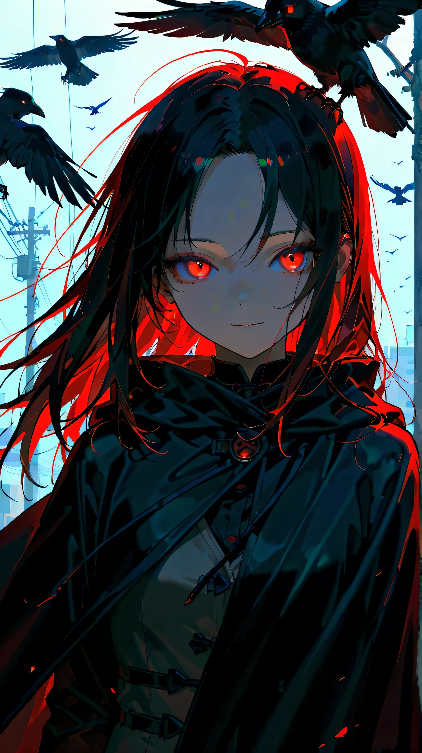 woman, vest, black cloak, red eyes, black hair, crow, glowing eyes, parted bangs, peaceful face, cute