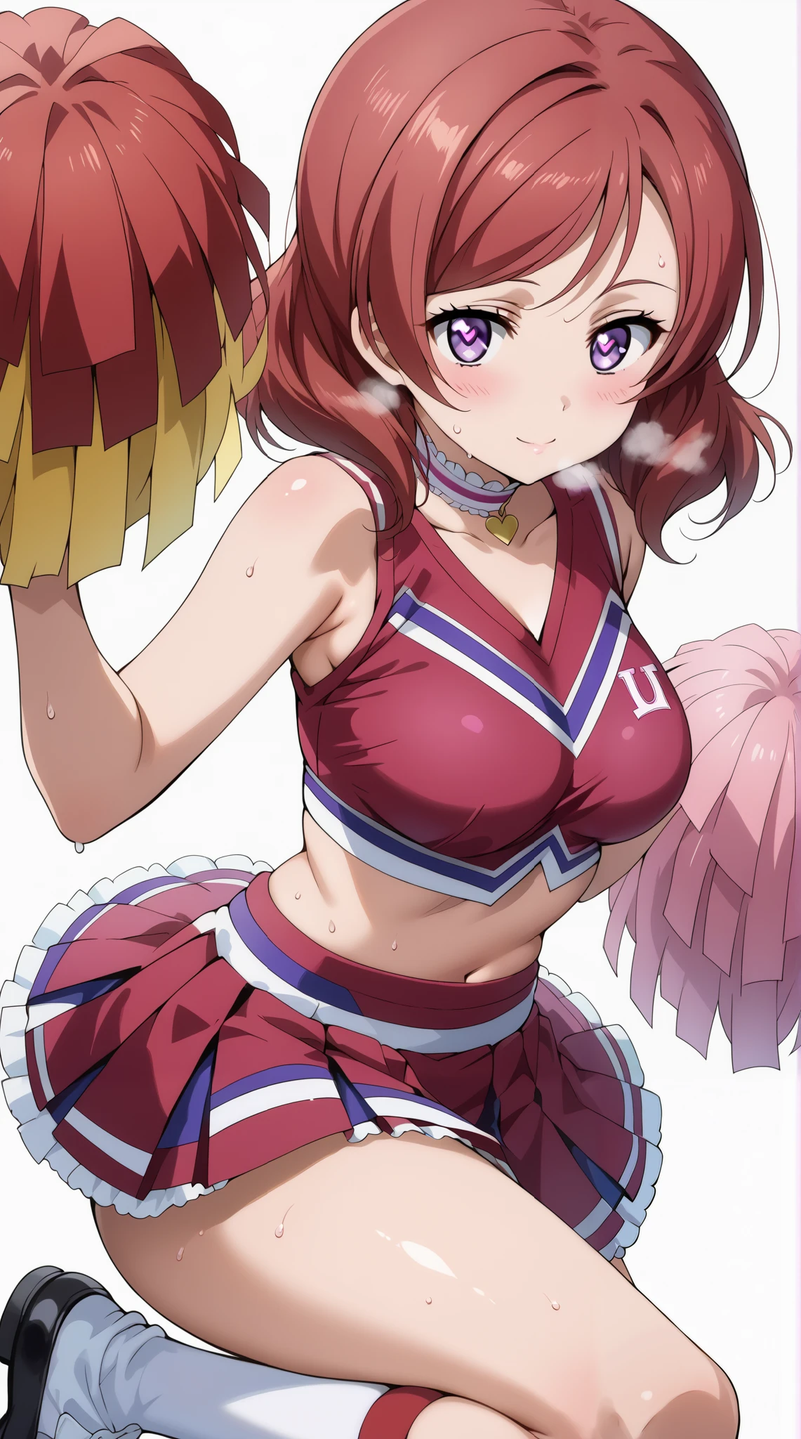 score_9, score_8_up, score_7_up, source_anime, 4K,perfect fingers,(perfect hands, perfect anatomy),prefect lighting, very aesthetic, intricate details,highly detailed background, masterpiece, high quality, best quality,
1girls,makinishikino, maki nishikino, short hair, purple eyes, red hair,((large breast)),
wearing ((cheerleader, frilled skirt、separate, Knee-high socks、Choker of Hearts, )) ,,
front, Angle from the side、White background, Simple Background、Character portrait, pink heart pupils, White Breath, Sweat,