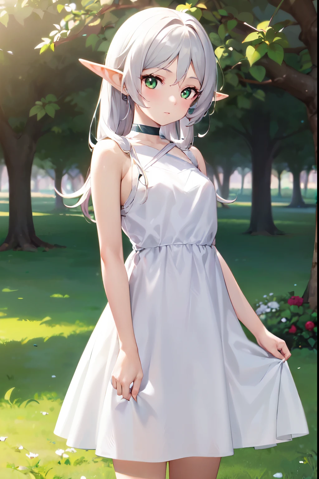 (High definition) (masterpiece) 1 girl, elf,  body, cute face, young, slender, perfect waistline, perfect legs, small breasts, in cute sundress, nice cleavage, cute green eyes, medium sized silver hair, smiling, sexy pose, outdoor, full body, cute feet