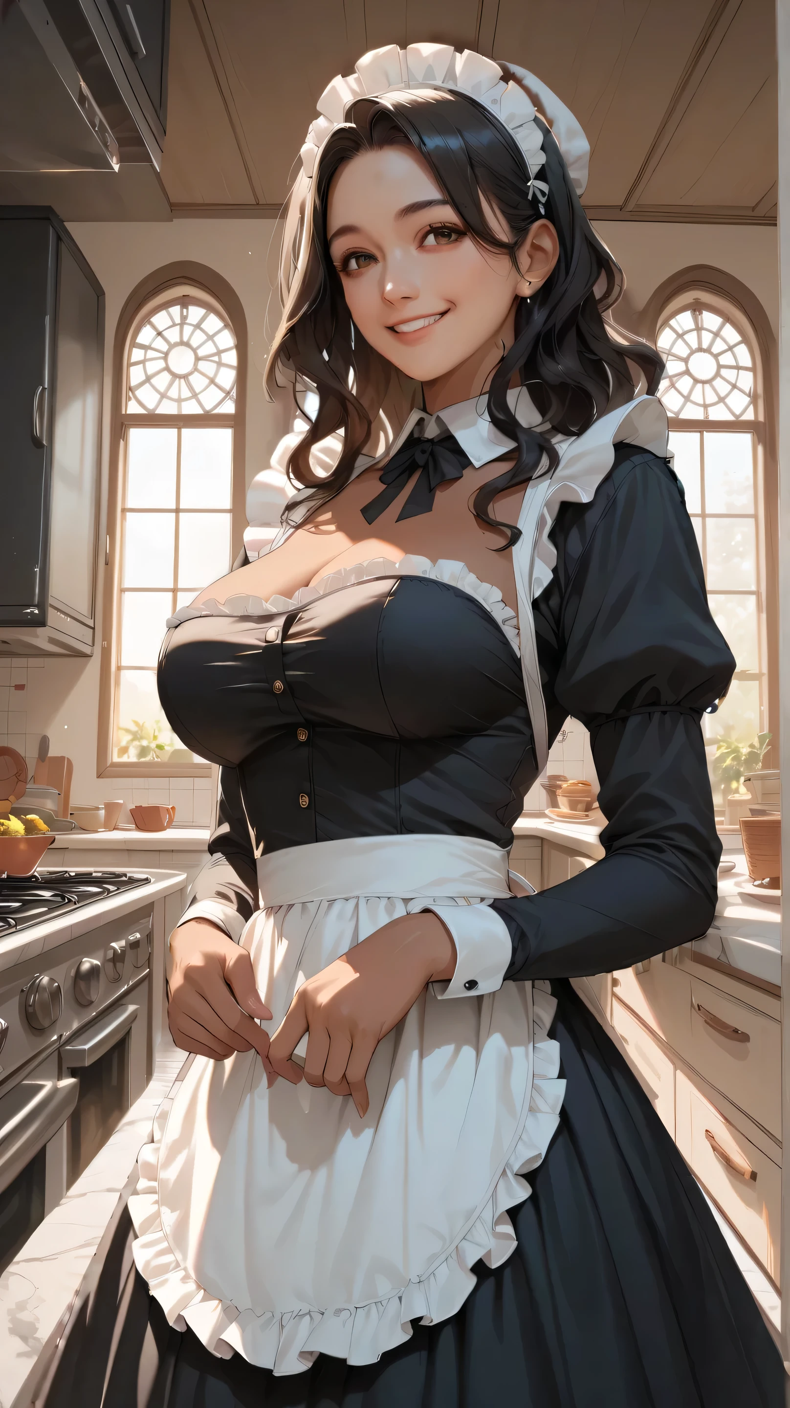 (RAW photo), (Realistic), (photo-realistic), ultra high resolution, masterpiece, highest quality, portrait, facial portrait, perfect lighting, detailed lighting, dramatic shadow, ray tracing, 1 Japanese beautiful mature lady, 30 years old, Voluptuous, cleavage, plump body type, beautiful detailed brown eyes, chubby lips, red lips, big tits, big ass, big thick thighs, abs, muscle, updo hair, black hair, earrings, half open mouth, smiling, looking at viewer, ((wearing a French maid costume:1.5)), ((arms behind back)), in a old Japanese kitchen,