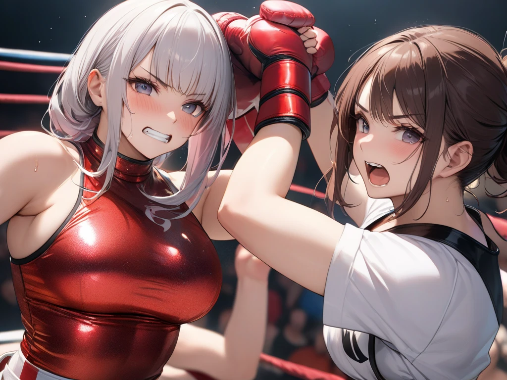 Boxing action Two women in Chinese dresses are boxing in the ring. The woman on the right hits the woman on the left in the cheek.. The woman on the left has her right eye closed, opening her mouth, and sweat.