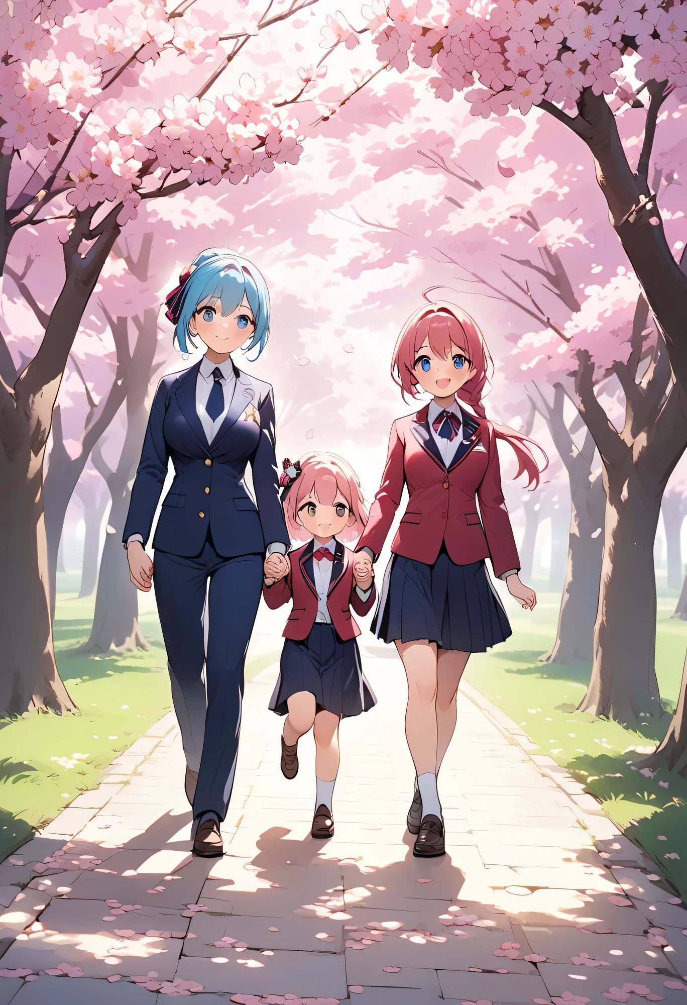 best quality、high resolution、(high image quality:1.3)、masterpiece、detailed background、Highly detailed faces、detailed eyes、age beauty、huge breasts、(Normal number of fingers:1.3)、anatomically correct、perfect body line、Bright-colored hair、ponytail、Braided bob cut、Spring scenery with cherry blossoms dancing and、first time々cute girls walk through cherry blossom trees holding hands with cute、Spring Entrance Ceremony、Neatness 、Cuteness、Elegance、
(After the entrance ceremony、3 girls walking hand in hand through cherry blossom trees:1.5)、
jump to catch cherry blossom petals、navy tweed jacket、pleated skirt、Black or white loafers、high socks、hair accessories with corsages and ribbons、slightly older sister-like and mature、hairstyles are half up、Elegant and cute with ribbons、cute