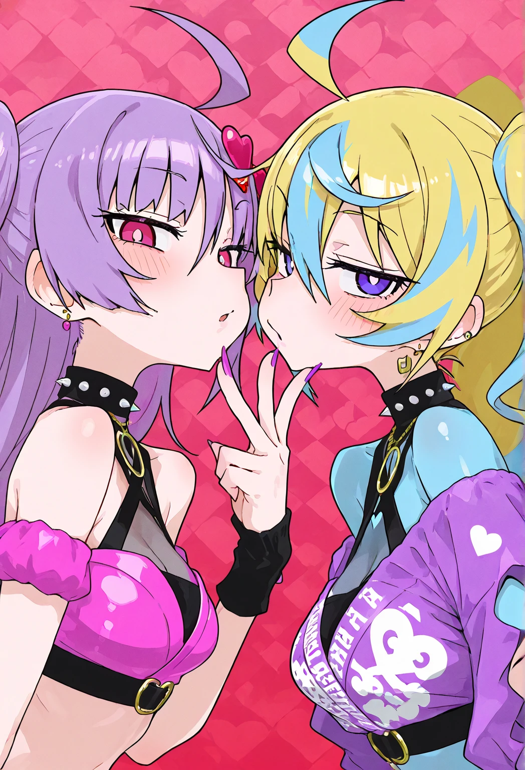 anime couple kissing in front of a heart - shaped background, lesbian kiss, kissing together cutely, mauve and cyan, lesbian embrace, lesbian art, cyan and magenta, kissing together, nixeu and sakimichan, kissing each other, official fanart, kda and sam yang, commission for high res, kiss, two beautiful anime girls