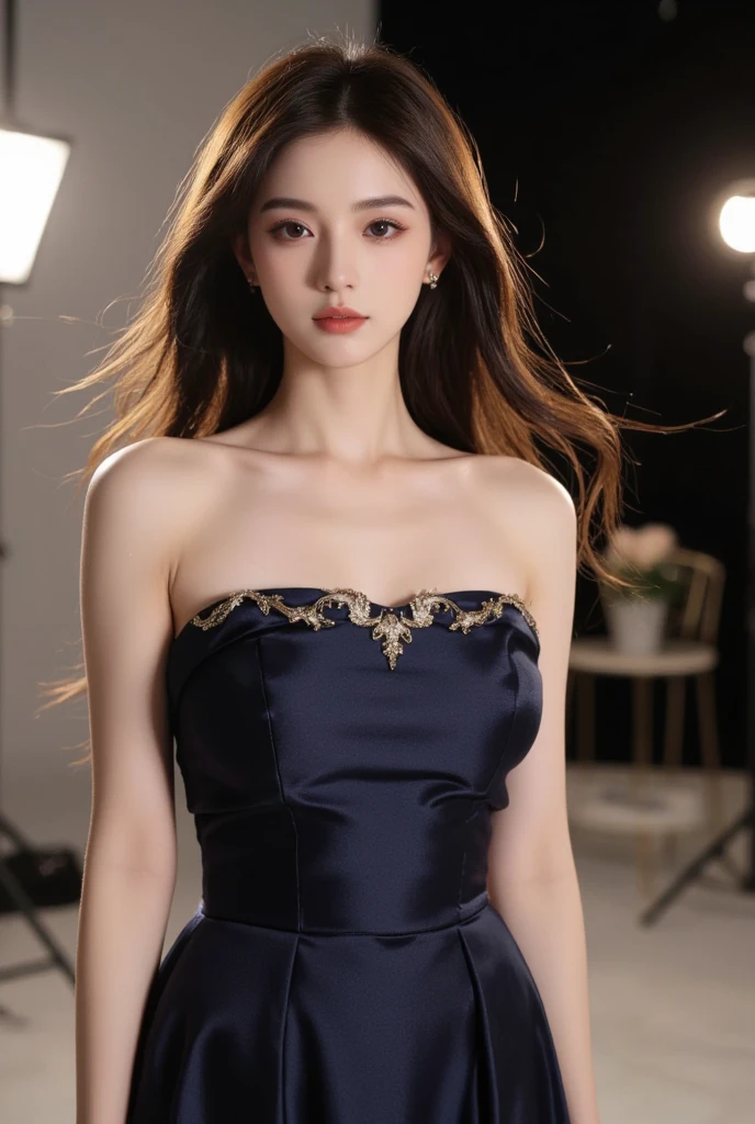 Girl VN01, 1girl in, (Smile:1.4) stunningly beautiful girl, Haute_Couture, designer dress, Wearing haute couture, posing for photo, Fashion Show, Long shape face, angry, Crazy, darkred eyes, sidesweep hair, Short hair, Long ringlet, catwalk \(Walkway\), , Colorful, Vivid colors, masutepiece, Best Quality, absurderes, Highest Quality, Amazing details, 8K, Aesthetic,