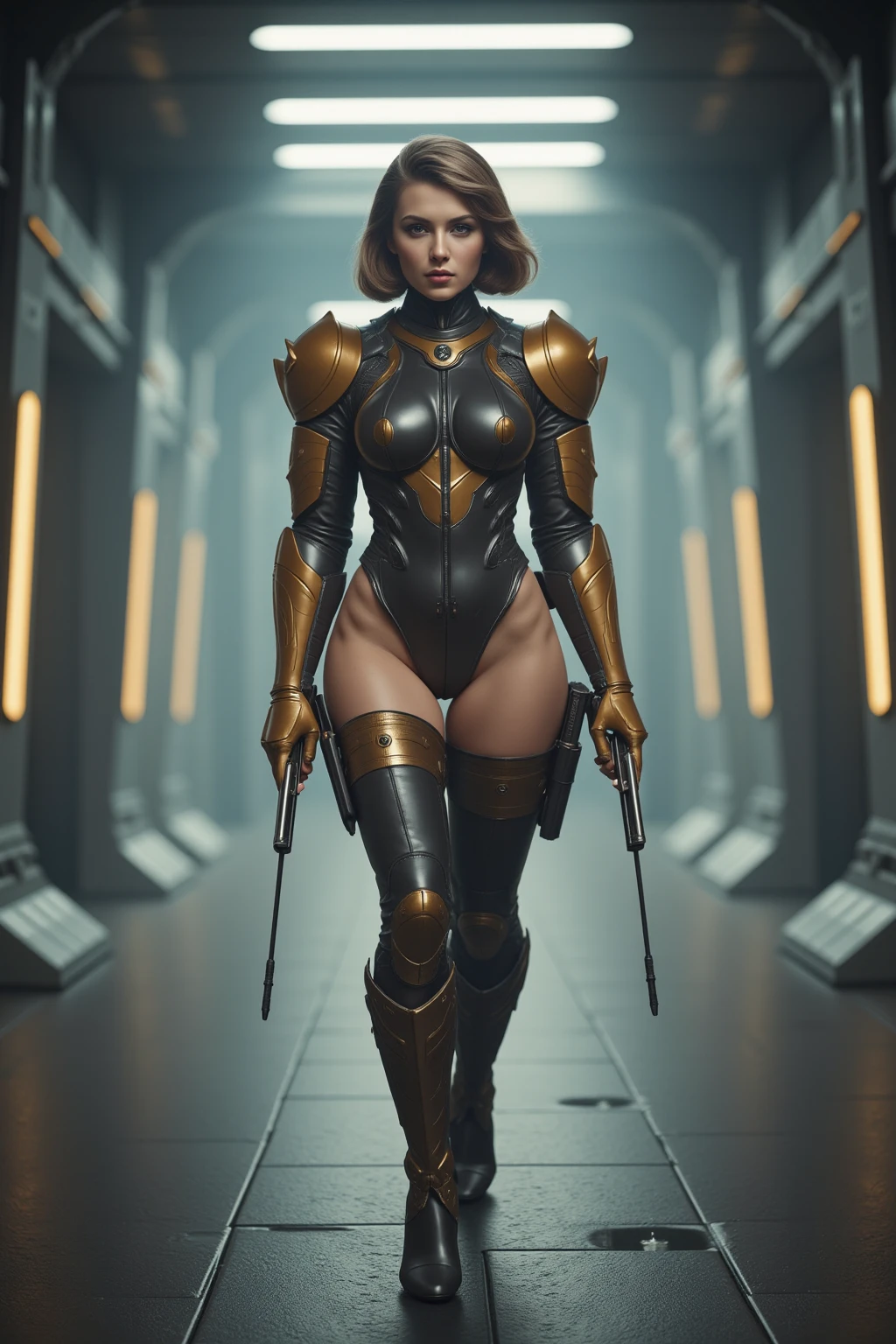 Masterpiece, a beautiful female mech pilot, (Alyssa Sutherland:Janeane Garofalo:0.5), (standing in front of giant robot), high detail plunging partially transparent scifi bodysuit, (small breasts), strong muscular body, short filthy hair, undercut, legs, (scifi environment), cyberpunk, (skin texture:1.1), best quality, ultra high res, (photorealistic: 1.4), Raw photo, by Ellen von Unwerth, Nikon D850 Film Stock Photography, F1.6 Lens, Rich Colors, Realistic, Cinestill 800, backlight, rimlighting, studiolighting, night