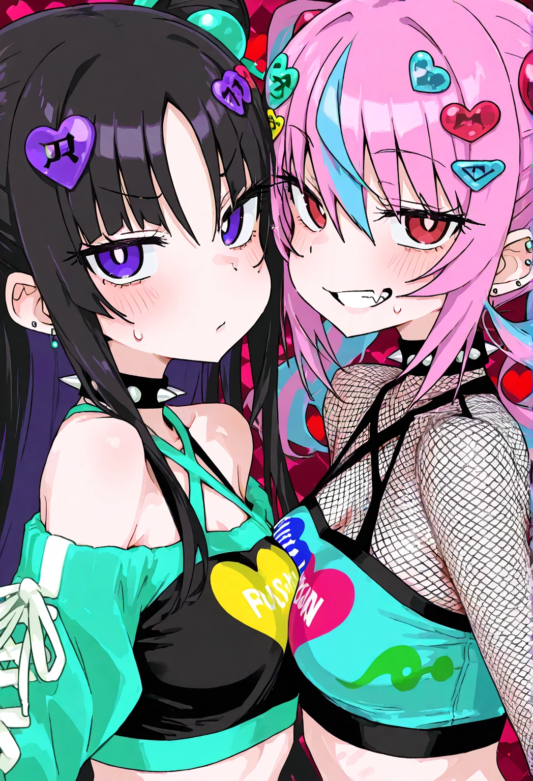 there are two women in costumes standing next to each other, y 2 k cutecore clowncore, rainbows in the background, rainbow bg, rainbowcore, decora inspired illustrations, decora inspired, lgbt art, nixeu and sakimichan, kda and sam yang, e - girl, e-girl, sakimichan and frank franzzeta