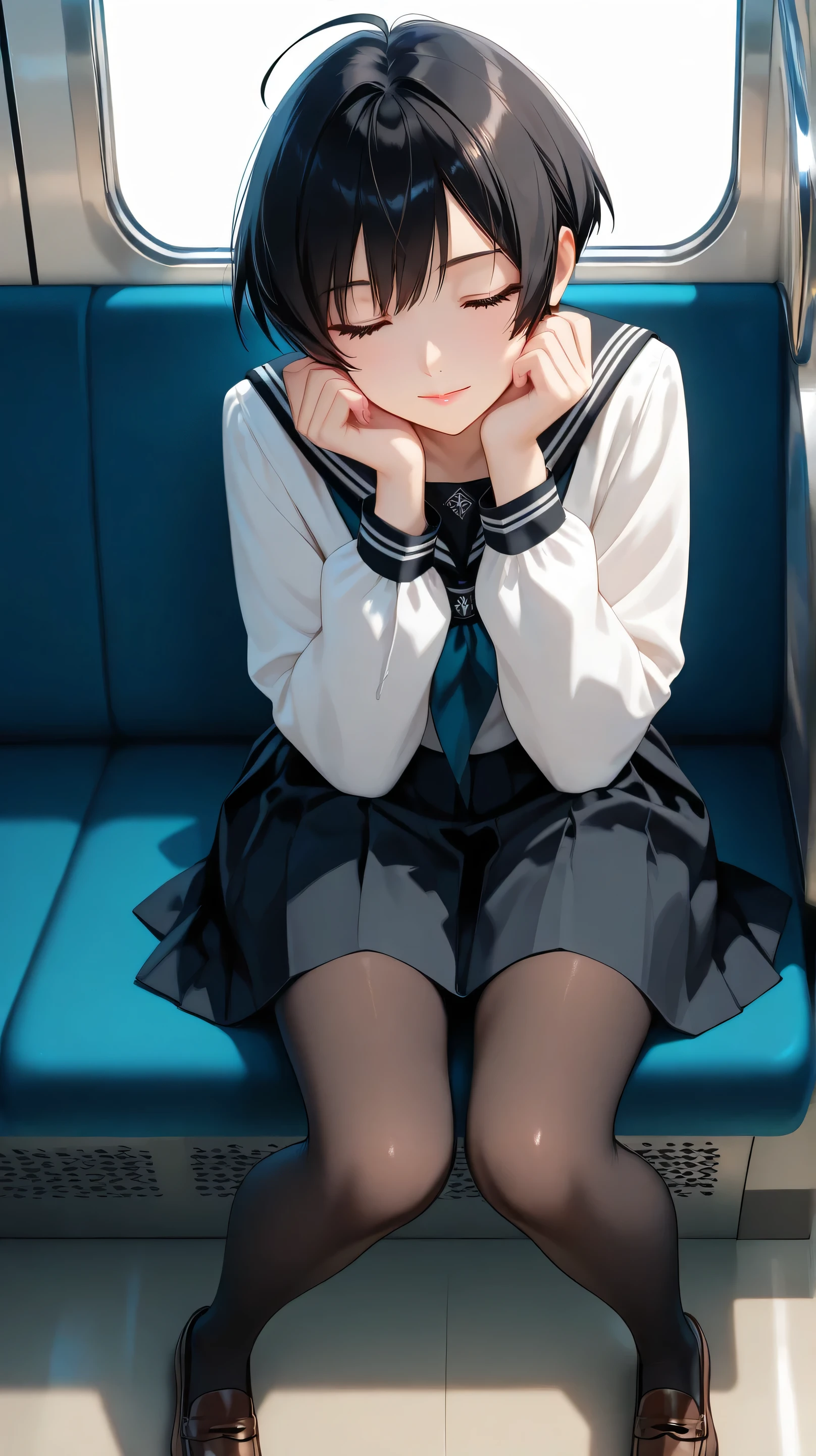 insanely detailed,
She is beautiful.
alluring mystique, stunning clarity,
Cell-shaded style with vibrant, harmonized colors, highly detailed,
sharp focus (1.4), crisp outlines, bold yet delicate lines, gentle depth,
vibrant harmonized colors, soft shadows, gentle shading,
well-defined features, crisp facial details, subtle gradients,
beautiful eyes, detailed eyes, black eyes with intricate irises, large highlights, calm composed gaze, exquisite eyelashes, soft light reflecting on eyes,
Short choppy messy pixie cut pure black hair with ahoge, silky smooth texture, delicate flowing strands softly tousled by a breeze,
fair flawless porcelain-like skin with dewy radiance, soft pink lips, slender figure,
wearing a classic black serafuku, black sailor collar, long sleeves, pleated midi skirt, pantyhose, and brown loafers. Traditional Japanese style.
Soft ambient lighting, natural light reflections, indoors with a simple white background,
1girl, solo, no additional characters,
Masterpiece, best quality, ultra-detailed, 8k resolution,
perfect anatomy, correct generation of hands, 4 fingers and 1 thumb, nice hands, perfect hand (fingernail: 1.3), no tattoos or symbols on face,
soft relaxed expression, natural pose sitting on a train seat, eyes gently closed, head slightly tilted as if dozing off, hands resting in lap, body slightly relaxed,
highly detailed face, refined body, flawless skin,
delicate yet refreshingly confident, ethereal beauty, quiet yet uplifting presence,
like a gentle breeze on a spring morning—fragile, yet unyielding.