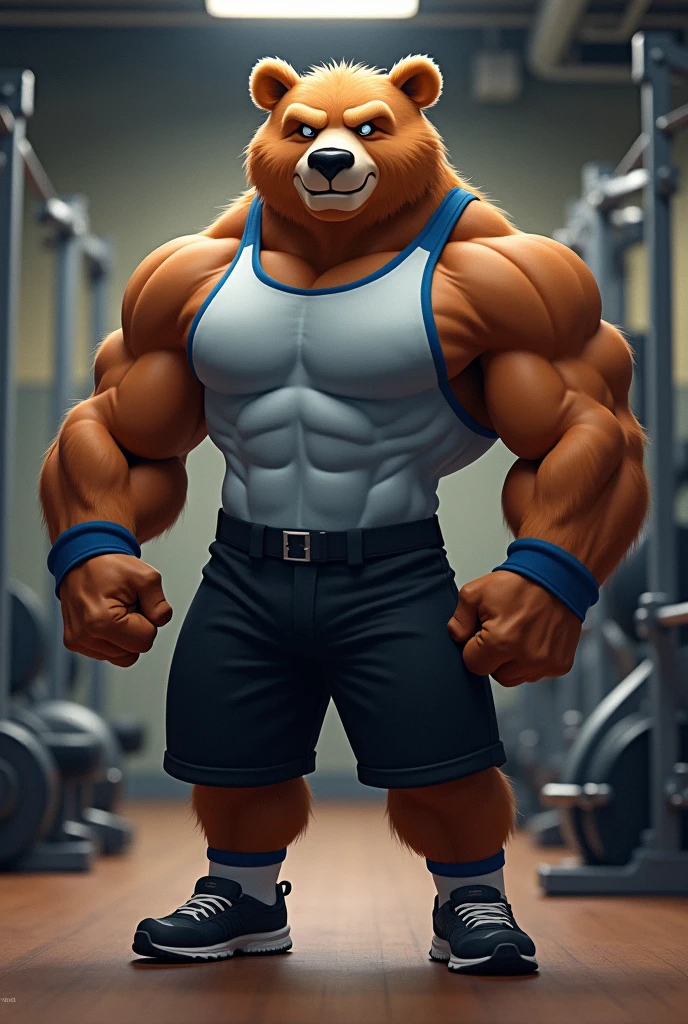 Huge muscle bear in his gym shorts and shoes, shirtless, doing pull-ups at the gym