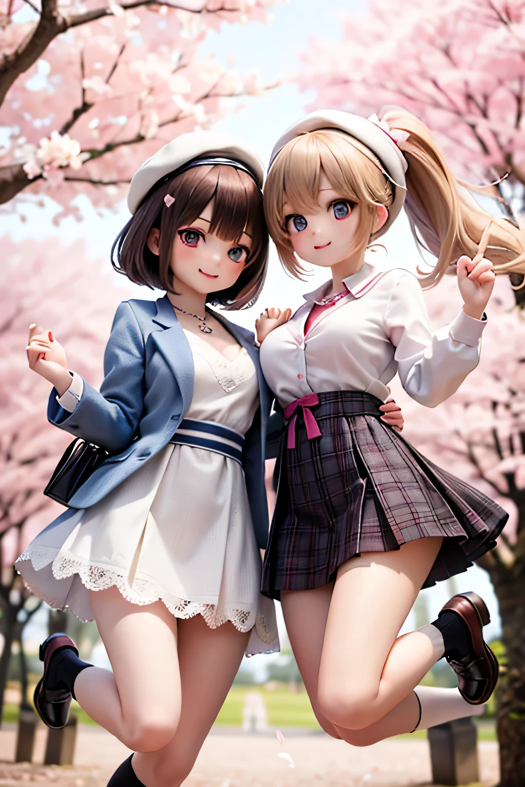 best quality、high resolution、(high image quality:1.3)、masterpiece、detailed background、Highly detailed faces、detailed eyes、age beauty、huge breasts、(Normal number of fingers:1.3)、anatomically correct、perfect body line、Bright-colored hair、ponytail、Braided bob cut、Spring scenery with cherry blossoms dancing and、first time々cute girls walk through cherry blossom trees holding hands with cute、Spring Entrance Ceremony、Neatness 、Cuteness、Elegance、Fluffy and cute、
(After the entrance ceremony、3 girls walking hand in hand through cherry blossom trees:1.5)、(jump to catch cherry blossom petals:1.3)、
light beige or dull pink natural dress、loose silhouette cardigan or short jacket、simple white squishy socks、small beret、natural girly vibe with ruffles and lace casually incorporated、If you choose a dull color for a stylish look、cute