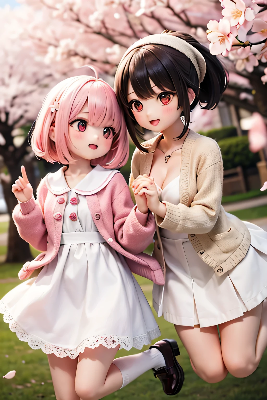 best quality、high resolution、(high image quality:1.3)、masterpiece、detailed background、Highly detailed faces、detailed eyes、age beauty、huge breasts、(Normal number of fingers:1.3)、anatomically correct、perfect body line、Bright-colored hair、ponytail、Braided bob cut、Spring scenery with cherry blossoms dancing and、first time々cute girls walk through cherry blossom trees holding hands with cute、Spring Entrance Ceremony、Neatness 、Cuteness、Elegance、Fluffy and cute、
(After the entrance ceremony、3 girls walking hand in hand through cherry blossom trees:1.5)、(jump to catch cherry blossom petals:1.3)、
light beige or dull pink natural dress、loose silhouette cardigan or short jacket、simple white squishy socks、small beret、natural girly vibe with ruffles and lace casually incorporated、If you choose a dull color for a stylish look、cute