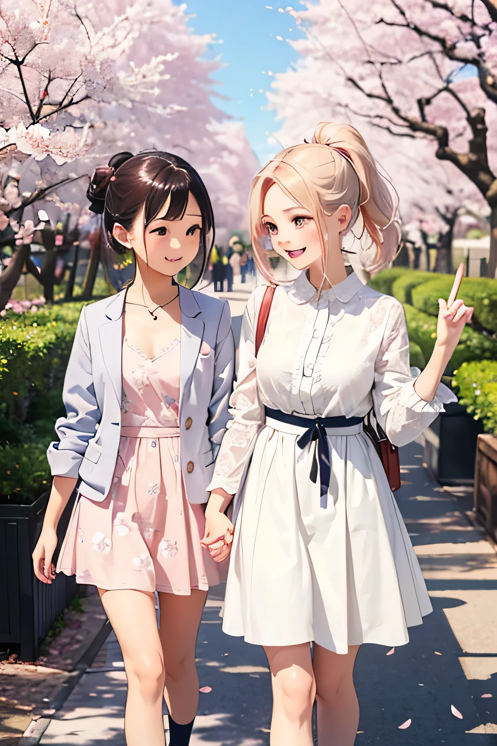 Two women in short dresses walking down a sidewalk with cherry trees in ...
