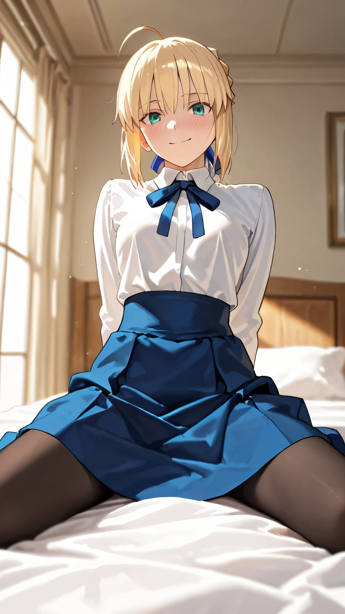 {{{masterpiece}}}, {{{best quality}}}, {{ultra-detailed}}, {illustration}, {{an extremely delicate and beautiful}}beauty,portrait, blushing masterpiece, best quality, amazing quality, very aesthetic, high resolution, ultra-detailed, absurdres, newest, scenery, cute, {Prompt}, BREAK, depth of field, photorealistic, masterpiece, best quality, amazing quality, volumetric lighting 1girl artoria pendragon, artoria pendragon \(fate\), saber, blonde hair, green eyes, ahoge, small breasts,neck ribbon, blue ribbon, white shirt, collared shirt, long sleeves, blue skirt, high-waist skirt, long skirt, black pantyhose best quality real texture skin smile ,bed straddling