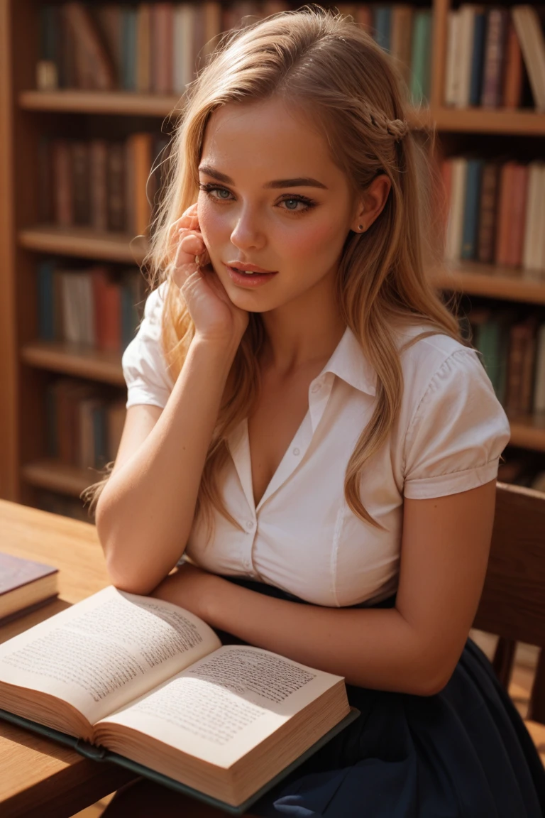 (best quality, masterpiece, Highres, RAW image, ultra-detailed, 8K), ((backlit)), romantic mood, 22-year-old supermodel, small breasts, with long wavy voluminous blonde hair, eye contact, striking eyes, (touching her face:1.4), (head in hand), a necklace dangling between her breasts, a kind smile, lipgloss, wearing a cute oversized v-neck t-shirt, off the shoulder top, low cut neckline, skimpy skirt, dangling breasts showing down her loose shirt, the camera is looking down her shirt, downblouse shot, down_blouse, white stockings, laying face down on a large teacher desk with many different books and papers, in an empty dimly lit class room, (((close up face view))), realistic portrait, ultra-detailed, expressive, casual pose, well-lit background,colorful,