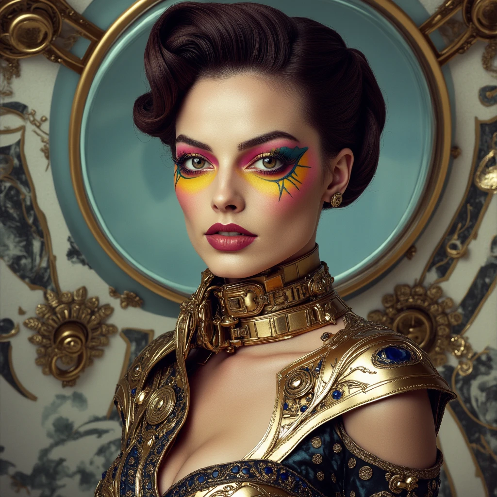 A beautiful flight attendant in multi-colored wax outfitted in a retro futuristic style from the 50s in a futuristic airplane, masterpiece, 8k, Intense lighting environment