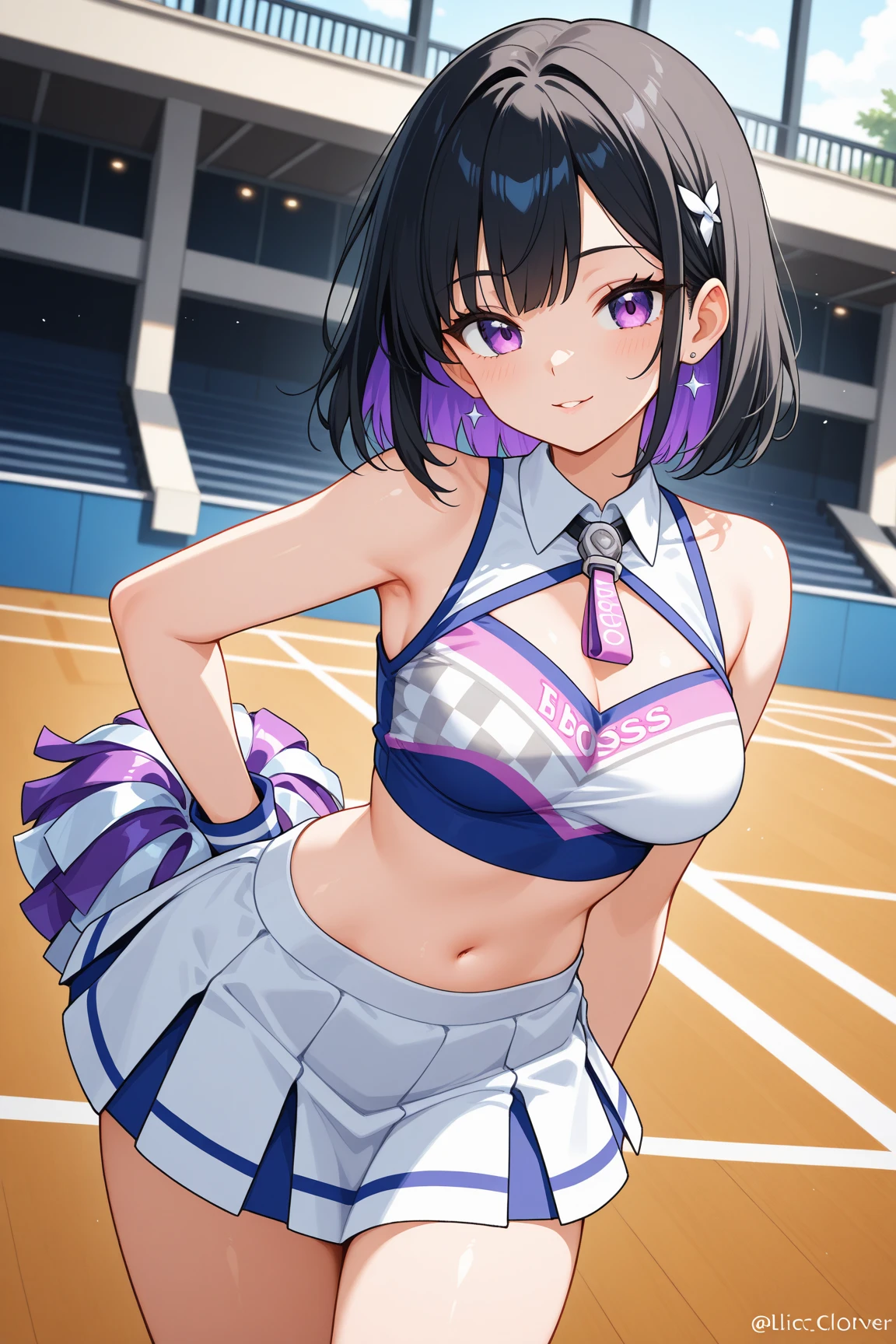 (Very detailed CG Unity 8K 壁紙),(masterpiece), (Highest quality), (Very detailed), (Best illustrations),(Best Shadow), Detailed underwear、Realistic textured underwear、Large Breasts,,Purple eyes and short purple hair,Cheerleader、skirt、Lift your legs、from the front、Angle from below、Smiling and having fun、Sweating、Sparkling、There are a lot of people