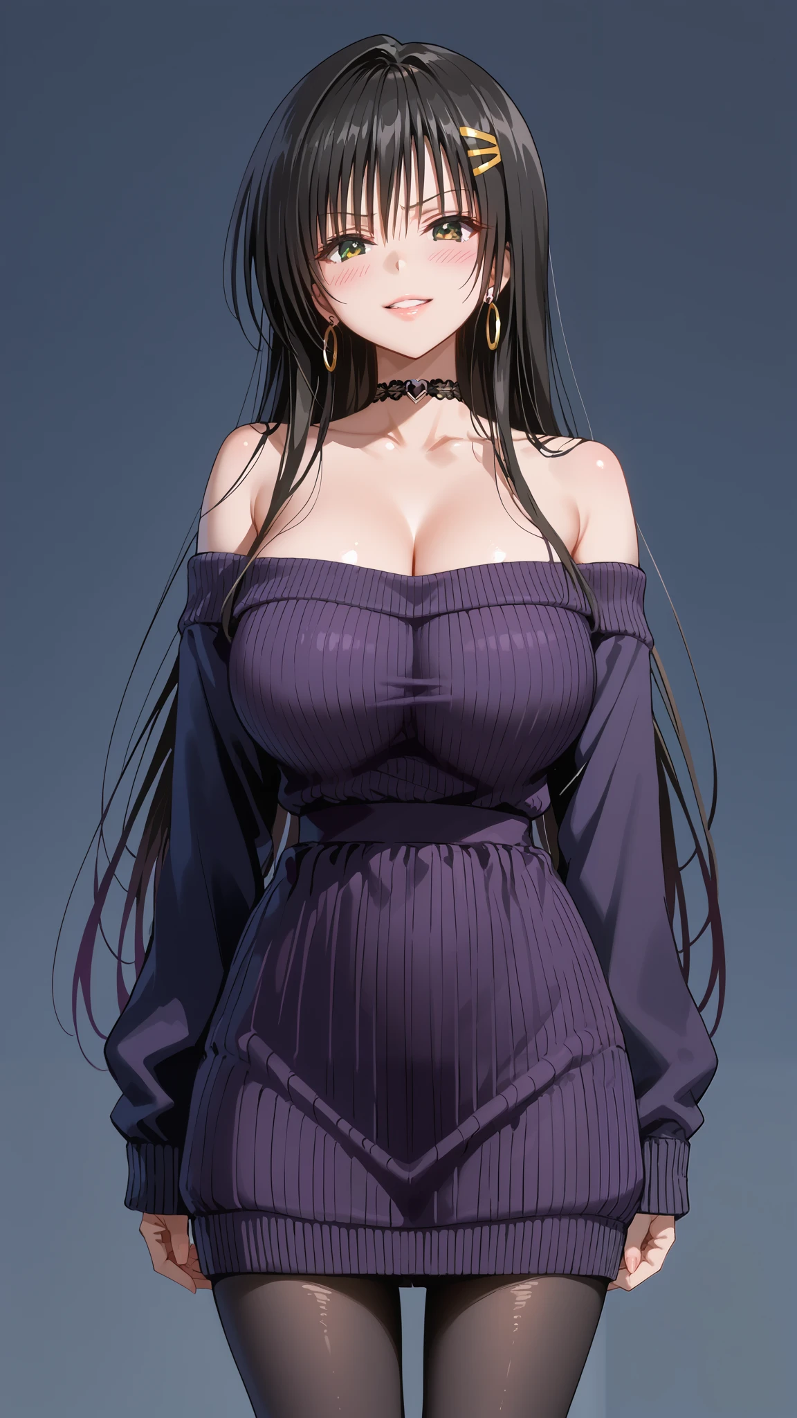 To Love Ru, Otegawa Yui, Furukawa Yui、 black hair、 Long Hair、Tsundere, score_9, score_8_up, score_7_up, source_anime, masterpiece,best quality, huge breasts, gyaru, 1girl, solo, long_hair, pantyhose, choker, black_hair, earrings, jewelry, looking_at_viewer, sweater, collarbone, black_eyes, black_choker, off_shoulder, smile, dress, bare_shoulders, hairclip, black_pantyhose, parted_lips, breasts, hair_ornament, gradient, bangs, sleeves_past_wrists, gradient_background
